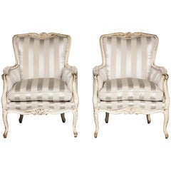 Pair of Louis XV Grey-Painted Bergere Armchairs