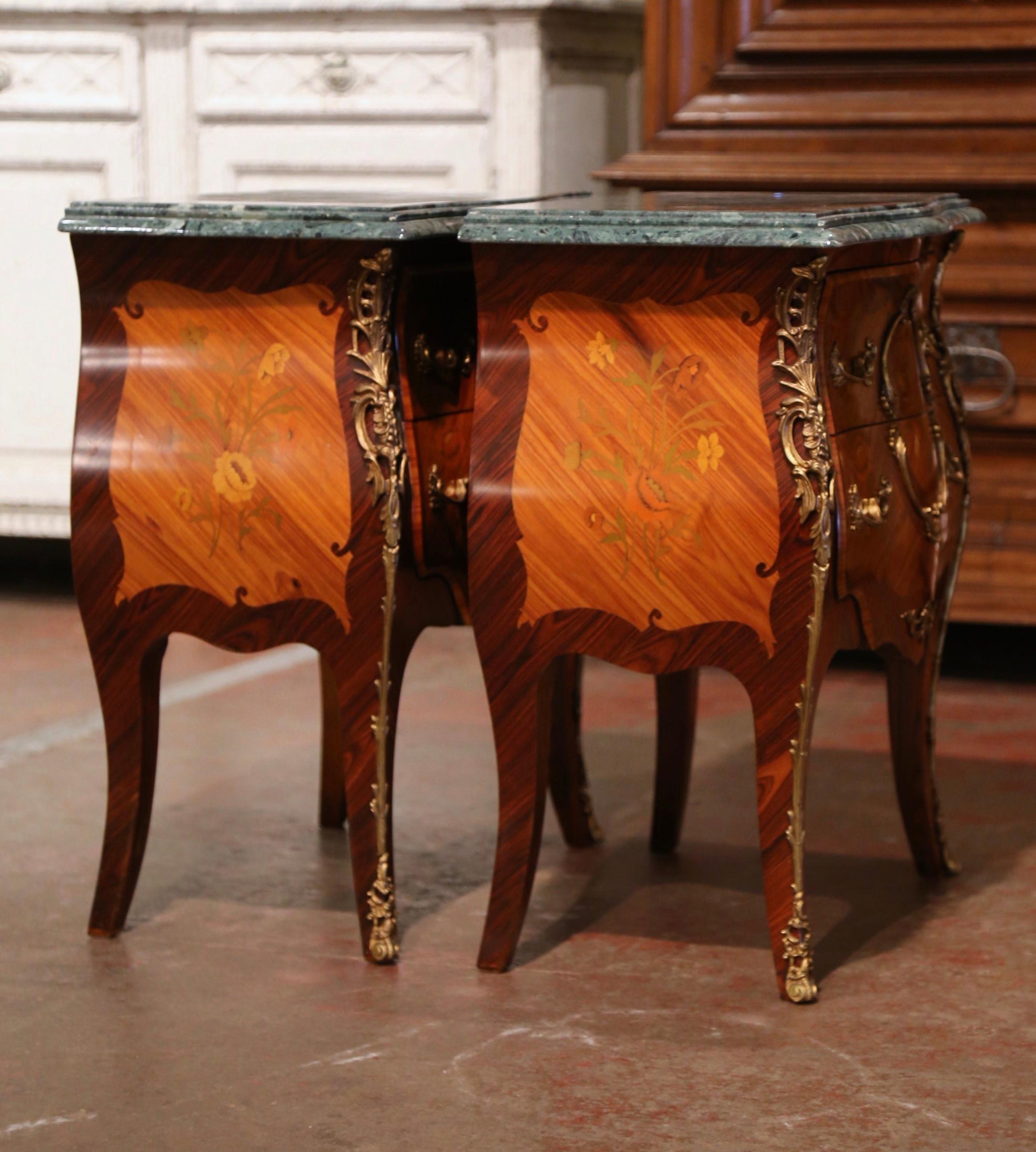 Pair of Louis XV Marble Top Marquetry Inlaid Walnut and Bronze Bombe Nightstands 3