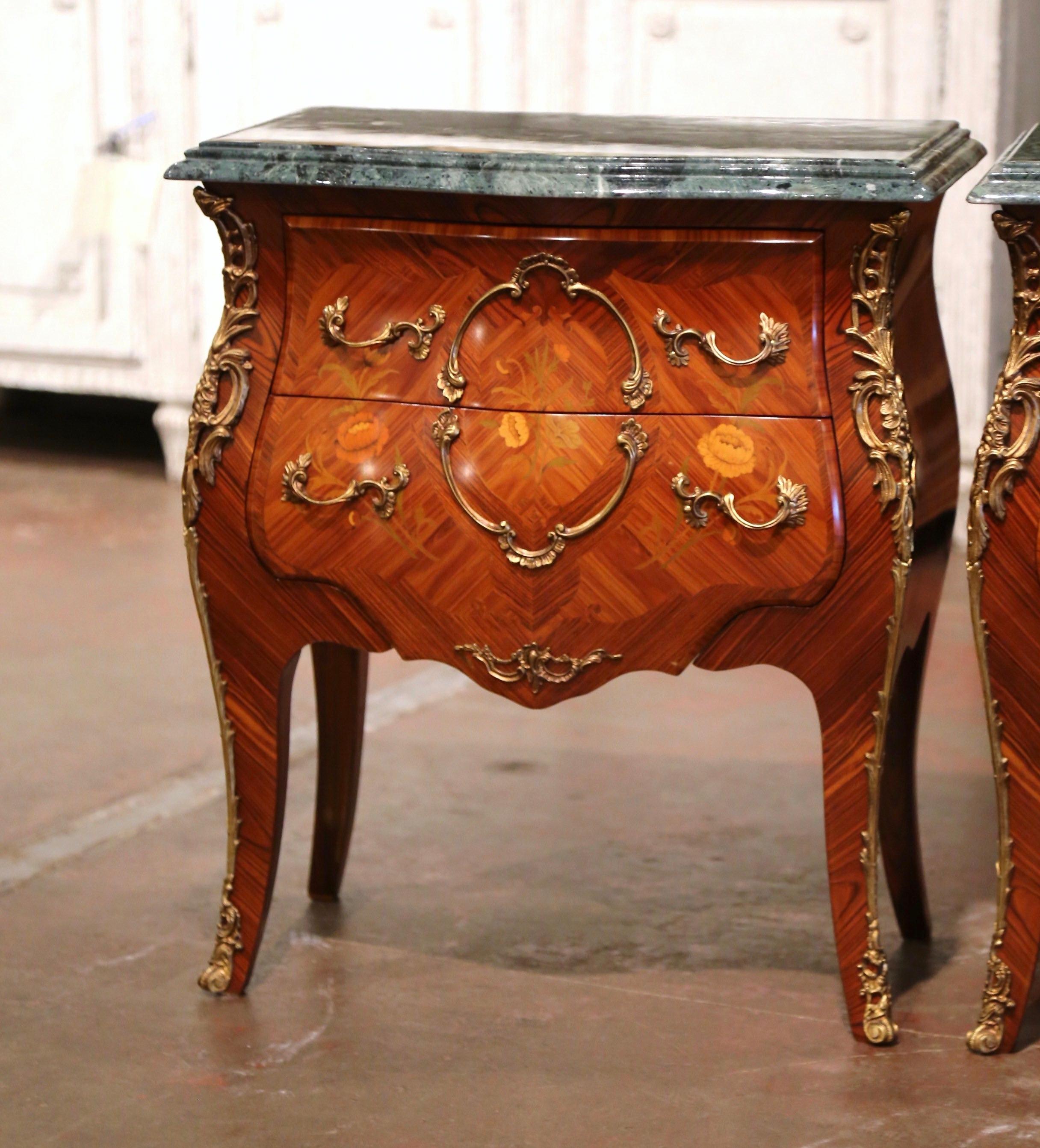 French Pair of Louis XV Marble Top Marquetry Inlaid Walnut and Bronze Bombe Nightstands