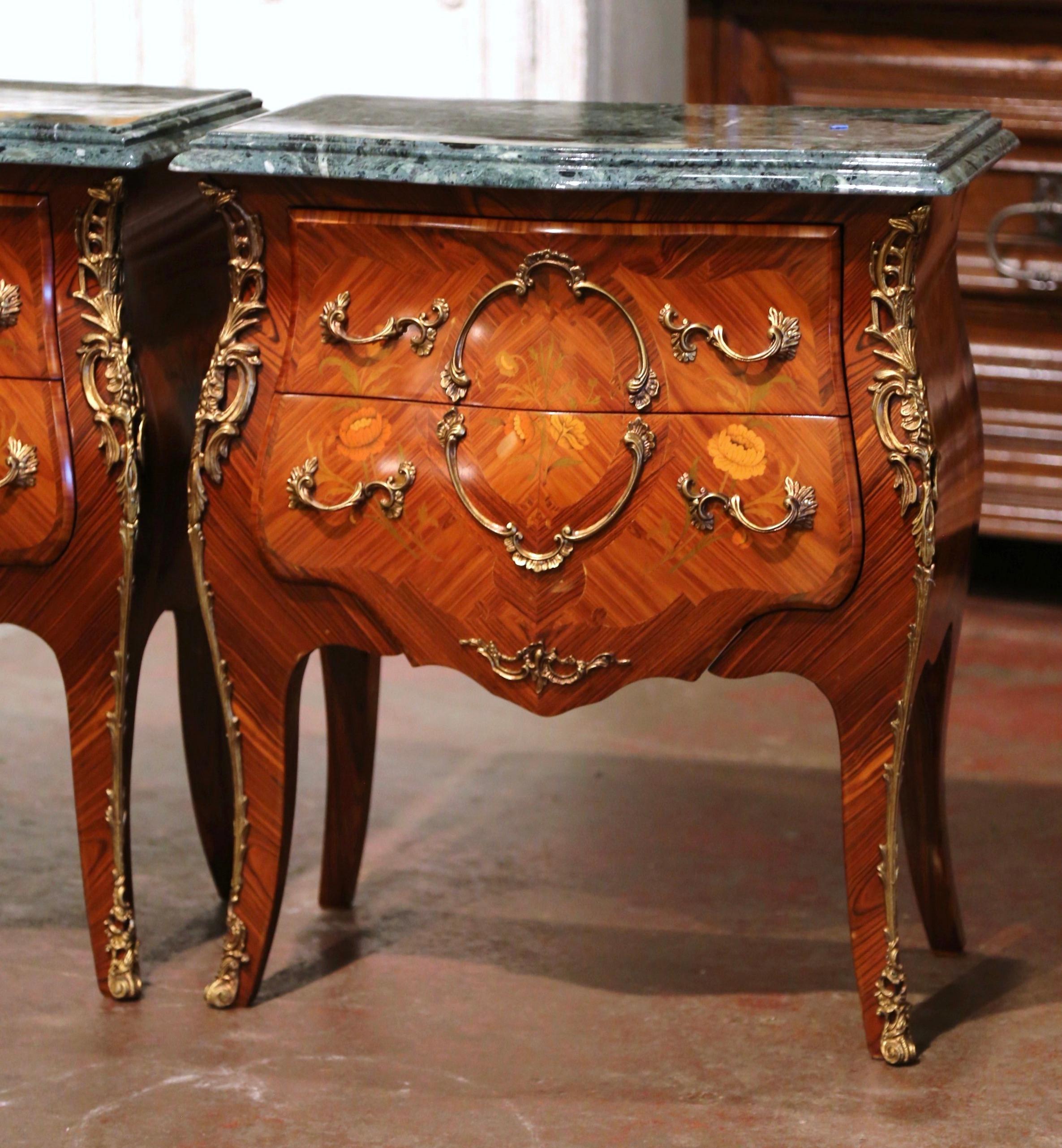 Carved Pair of Louis XV Marble Top Marquetry Inlaid Walnut and Bronze Bombe Nightstands