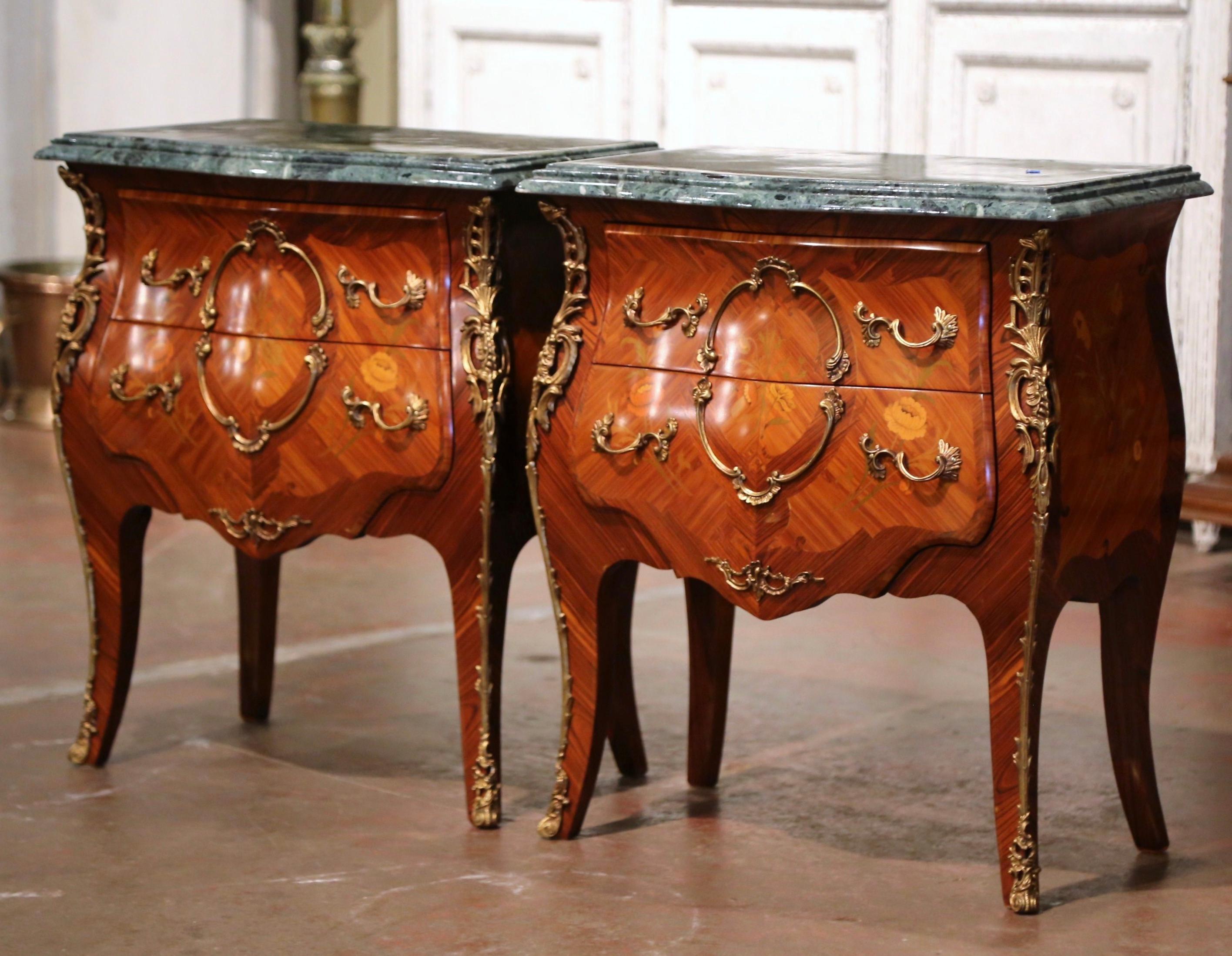 20th Century Pair of Louis XV Marble Top Marquetry Inlaid Walnut and Bronze Bombe Nightstands