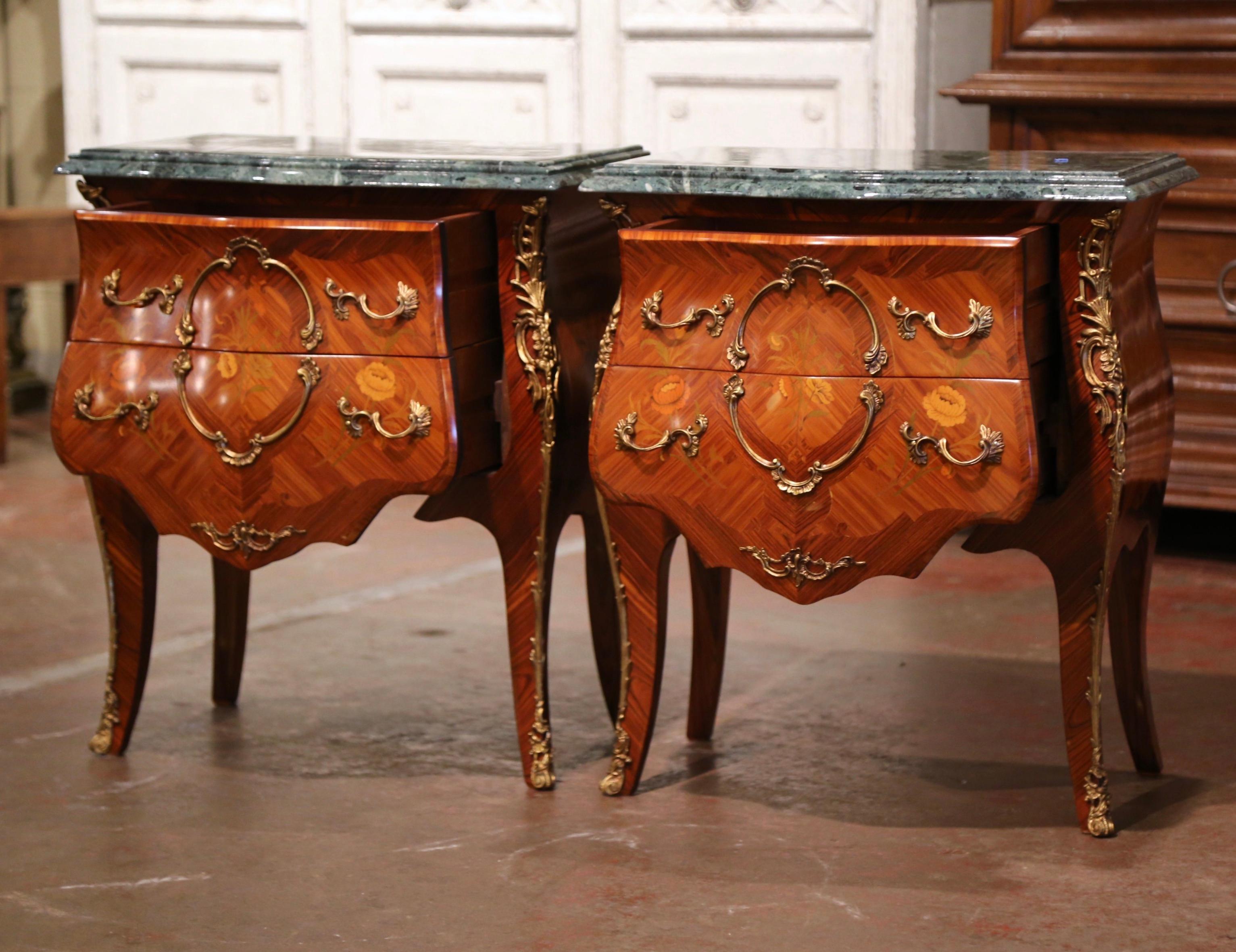 Brass Pair of Louis XV Marble Top Marquetry Inlaid Walnut and Bronze Bombe Nightstands
