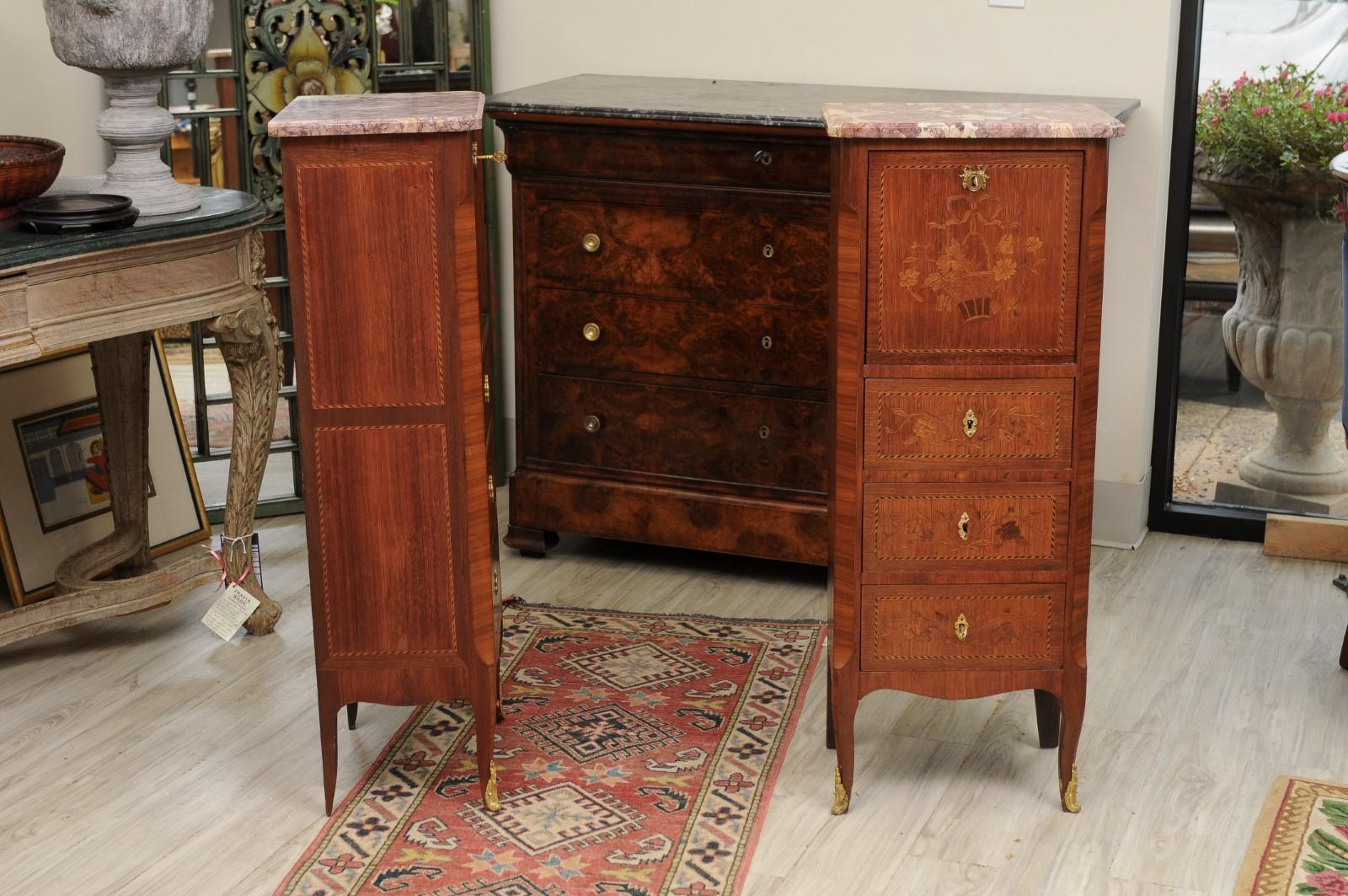 Bronze Pair of Louis XV Marquetry Inlaid Bedside Commodes For Sale