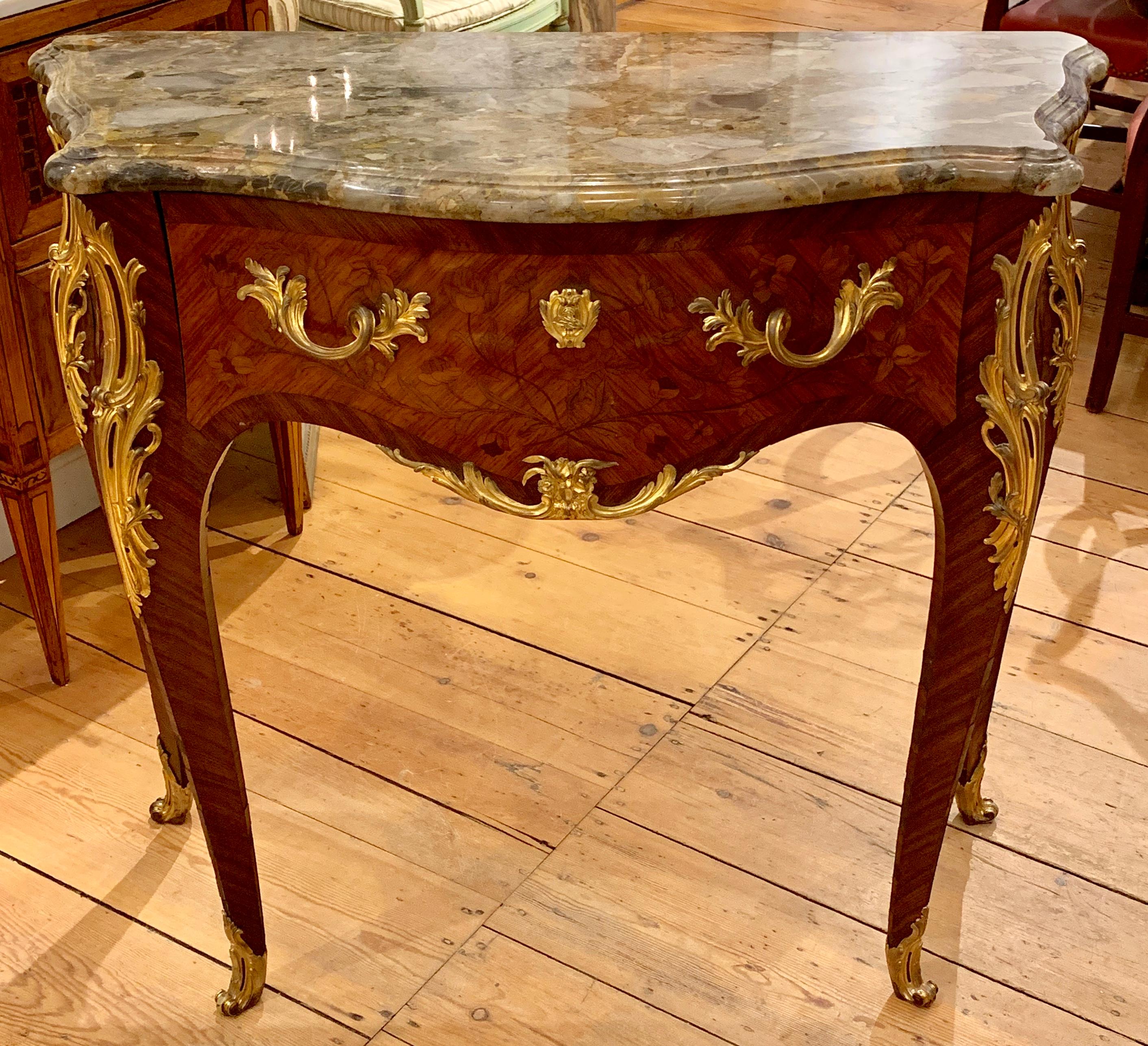 French Pair of Louis XV Marquetry Marble Top Commodes or Consoles