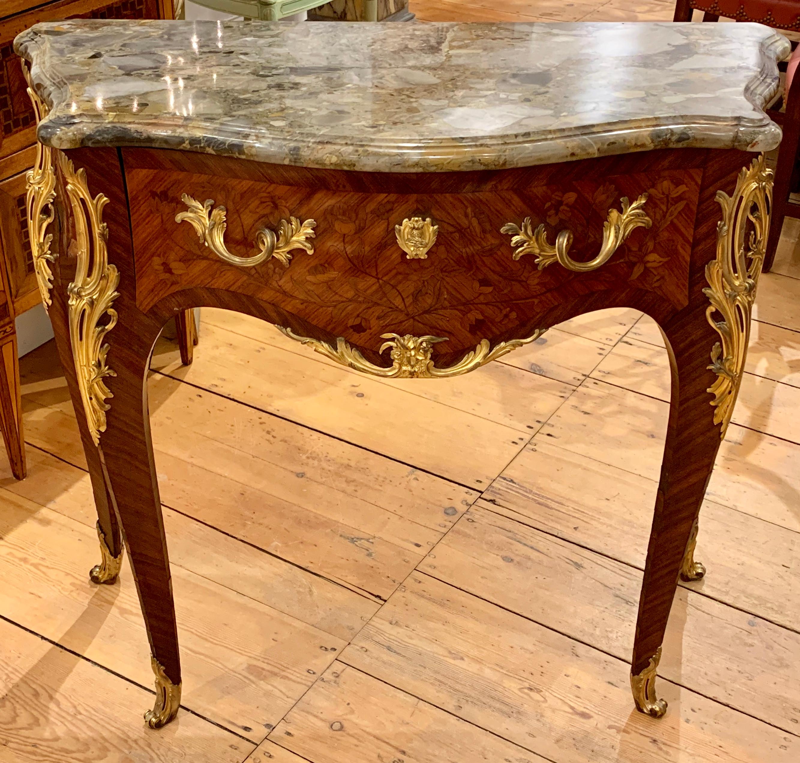 Inlay Pair of Louis XV Marquetry Marble Top Commodes or Consoles