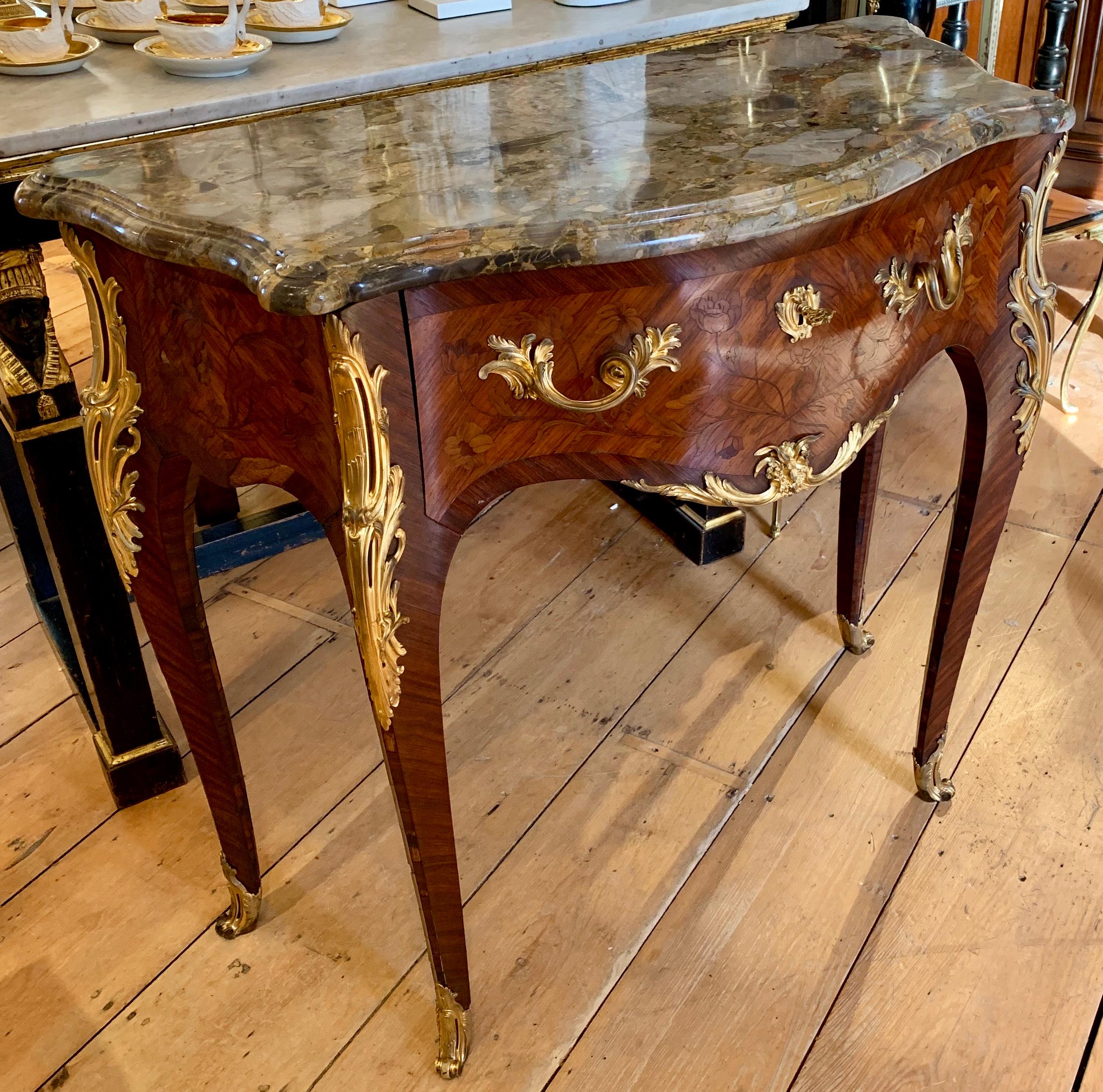 Pair of Louis XV Marquetry Marble Top Commodes or Consoles In Good Condition In Essex, MA