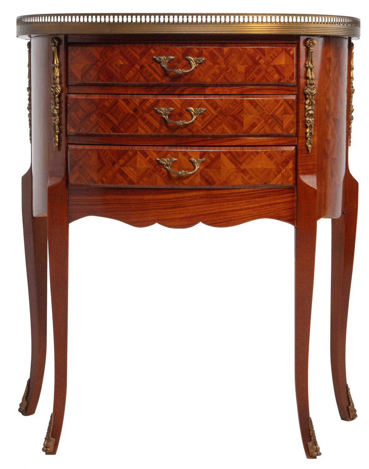Pair of Louis XV marquetry side tables with cocktail gallery, brass hardware and ormolu.