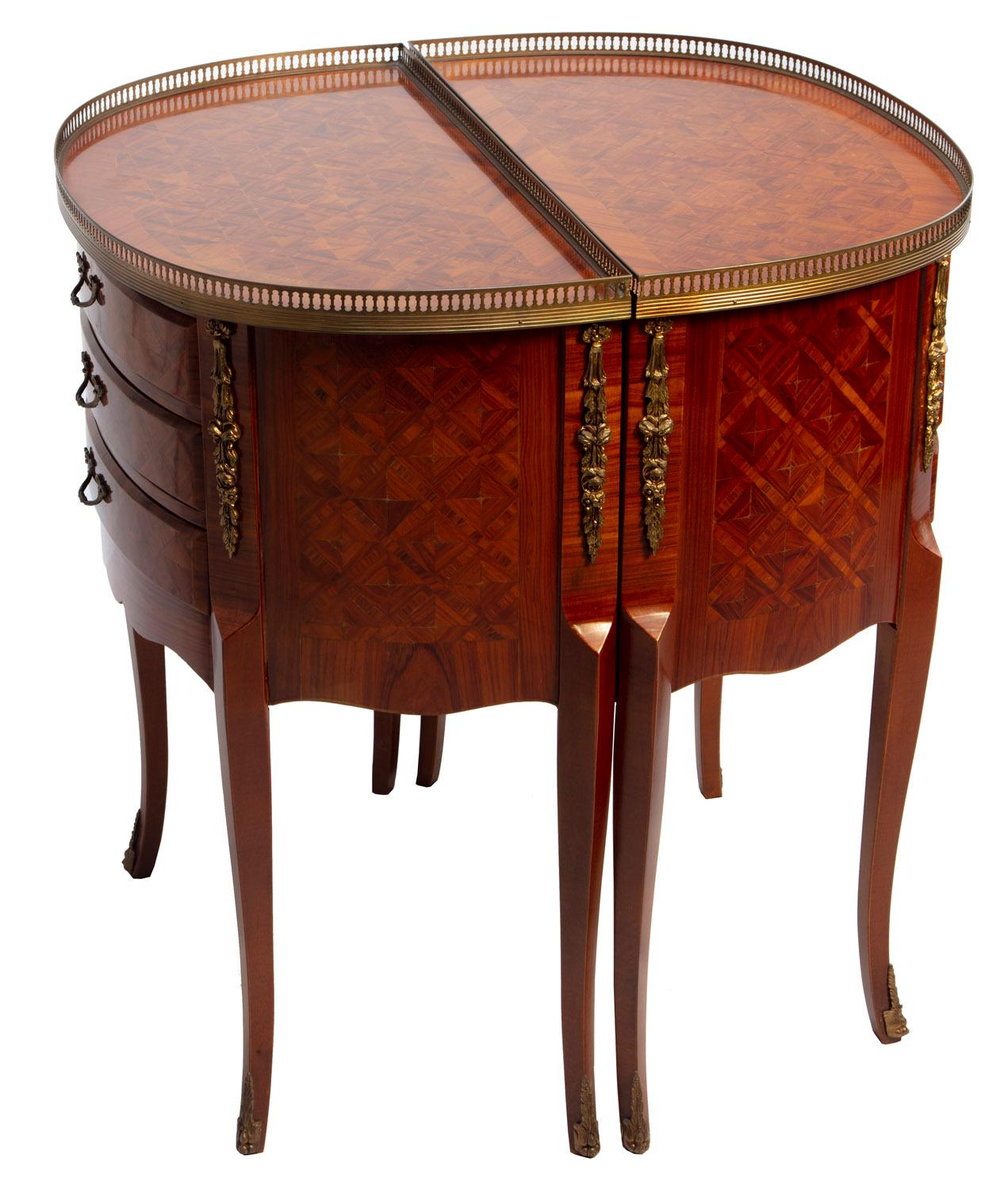 French Pair of Louis XV Marquetry Side Tables with Cocktail Gallery and Ormolu