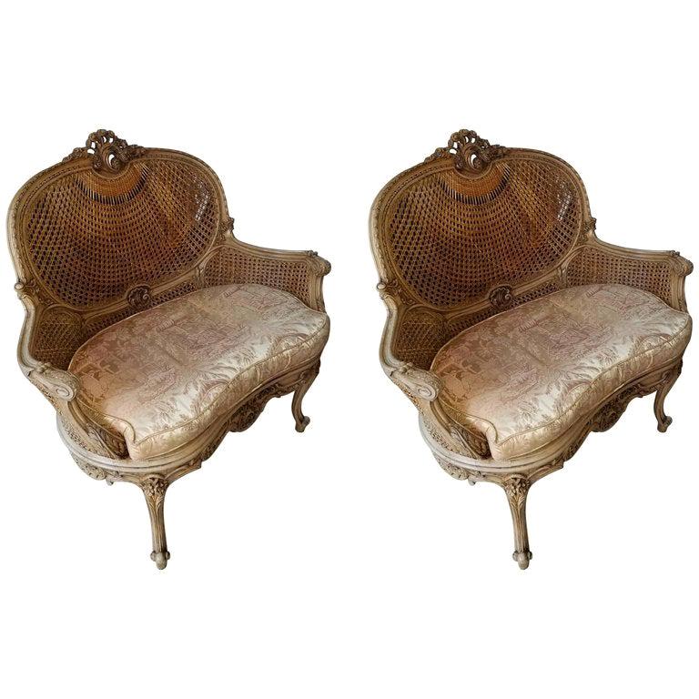 Pair of Louis XV Natural Wood Settee with Caning Back and Seat, 20th Century