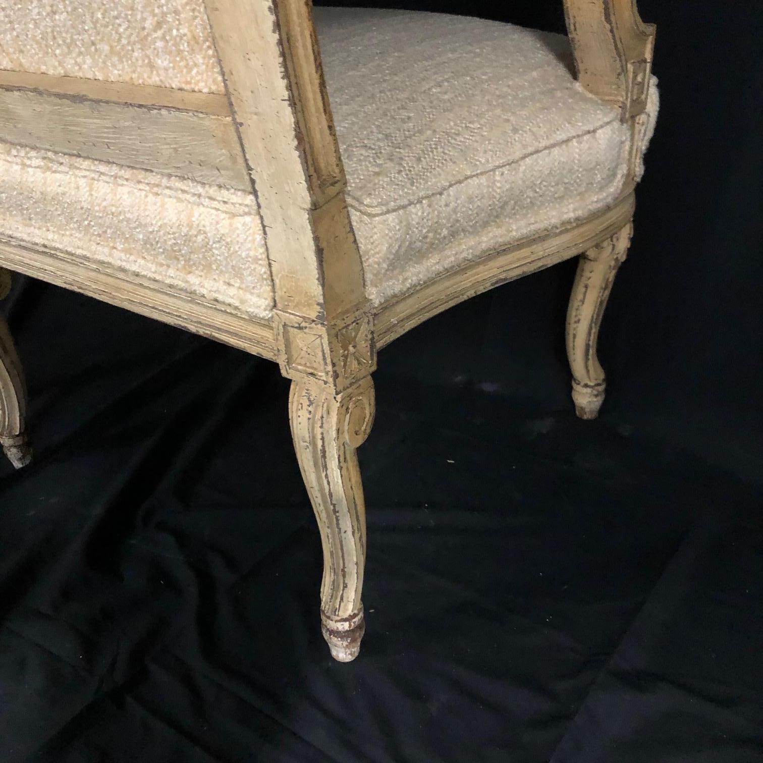 Pair of Louis XV Neoclassical Style Cream Painted French Bergere Arm Chairs For Sale 4