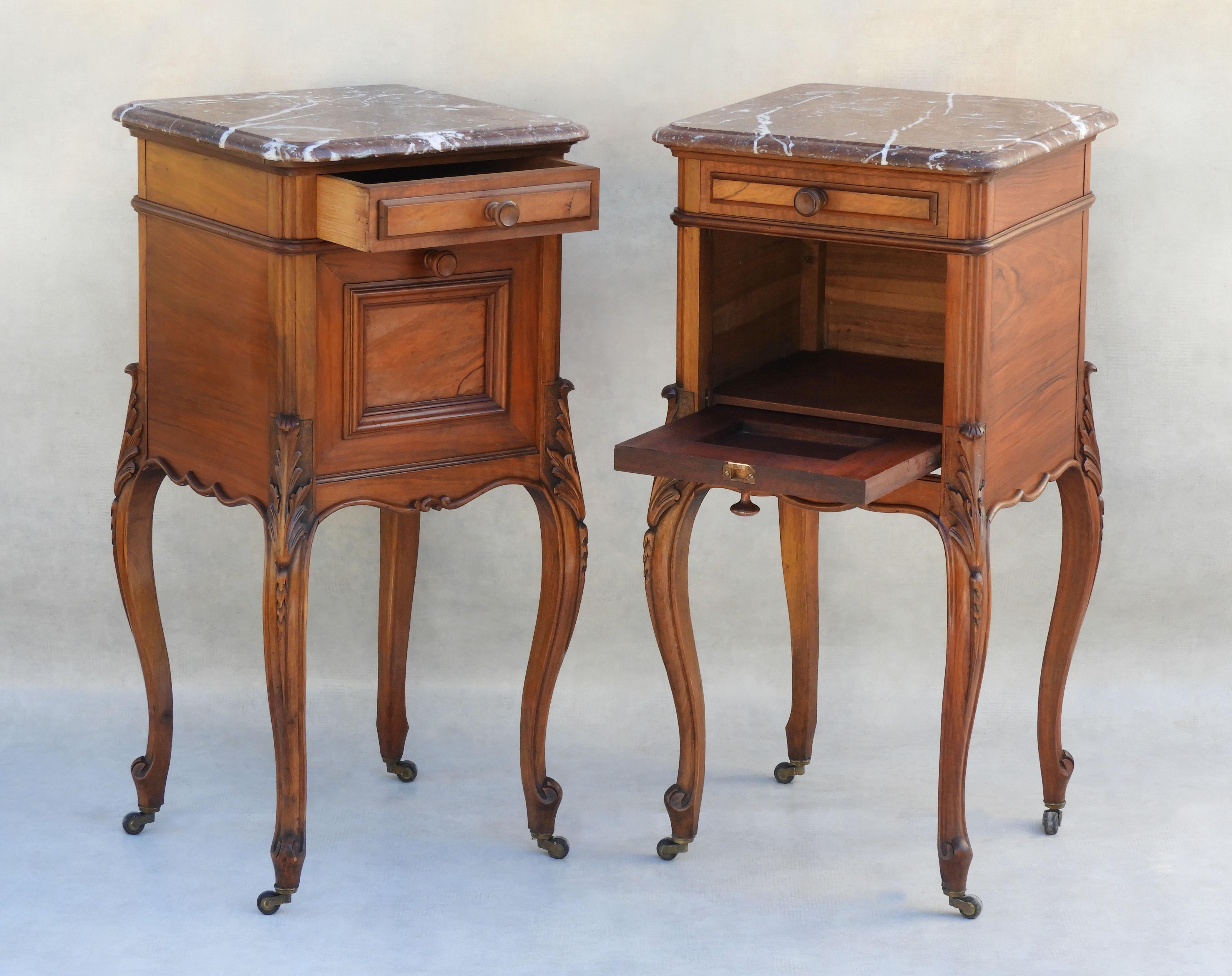 Carved Pair of Louis XV Nightstands or Bed Side Cabinets C1900 France For Sale