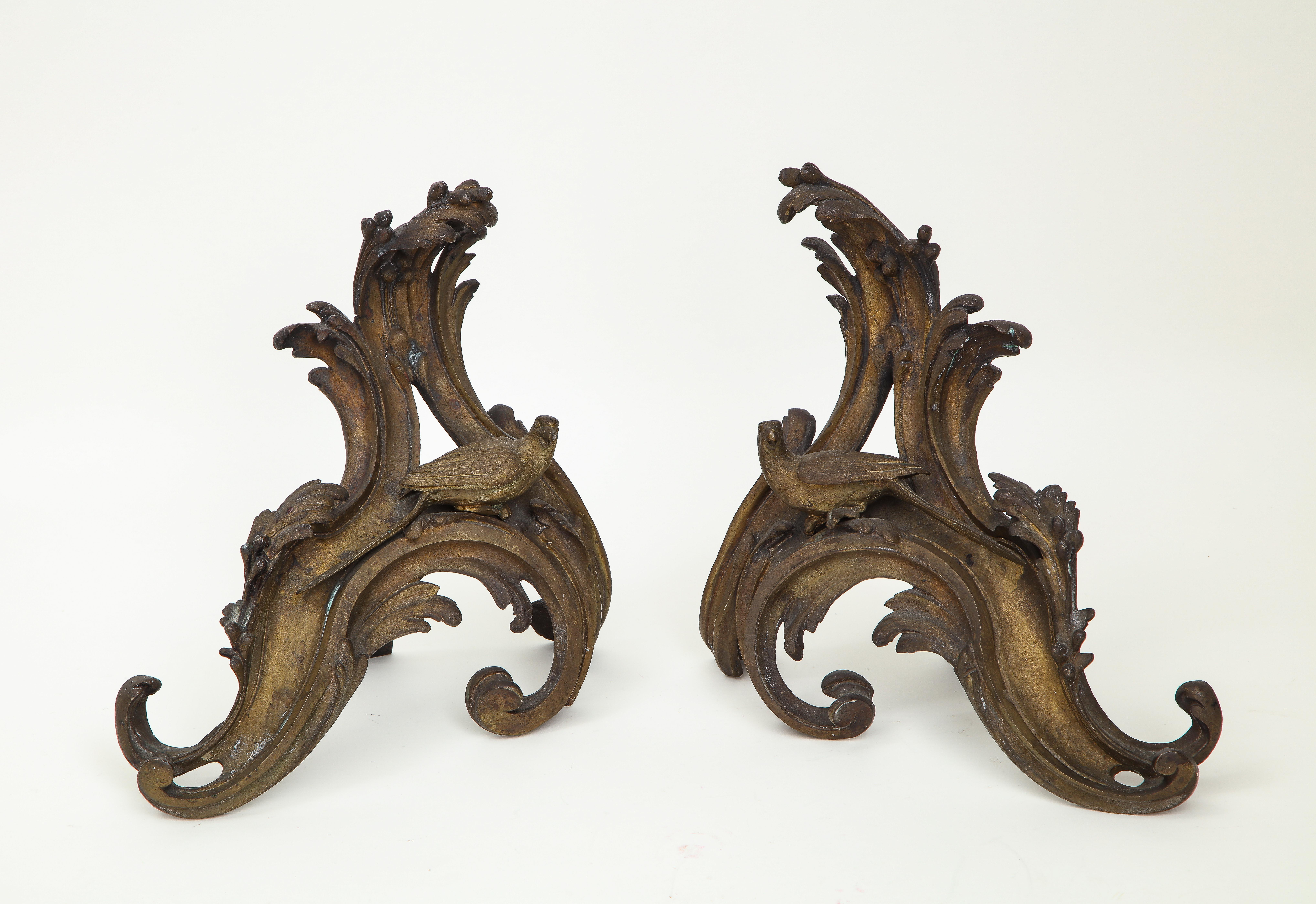 Pair of Louis XV Ormolu Chenets In Fair Condition For Sale In New York, NY