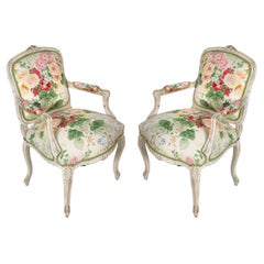 Pair of Louis XV Painted Arm Chairs Newly Upholstered in Lee Jofa Floral Fabric Pair of Louis XV Painted Arm Chairs Newly Upholstered in Lee Jofa Floral Fabric