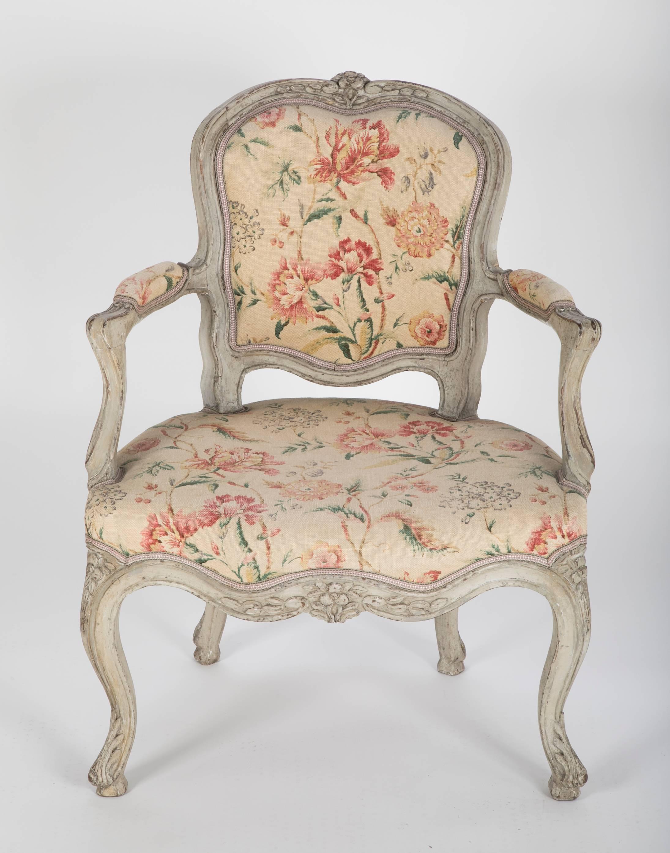 French Pair of Louis XV Painted Armchairs