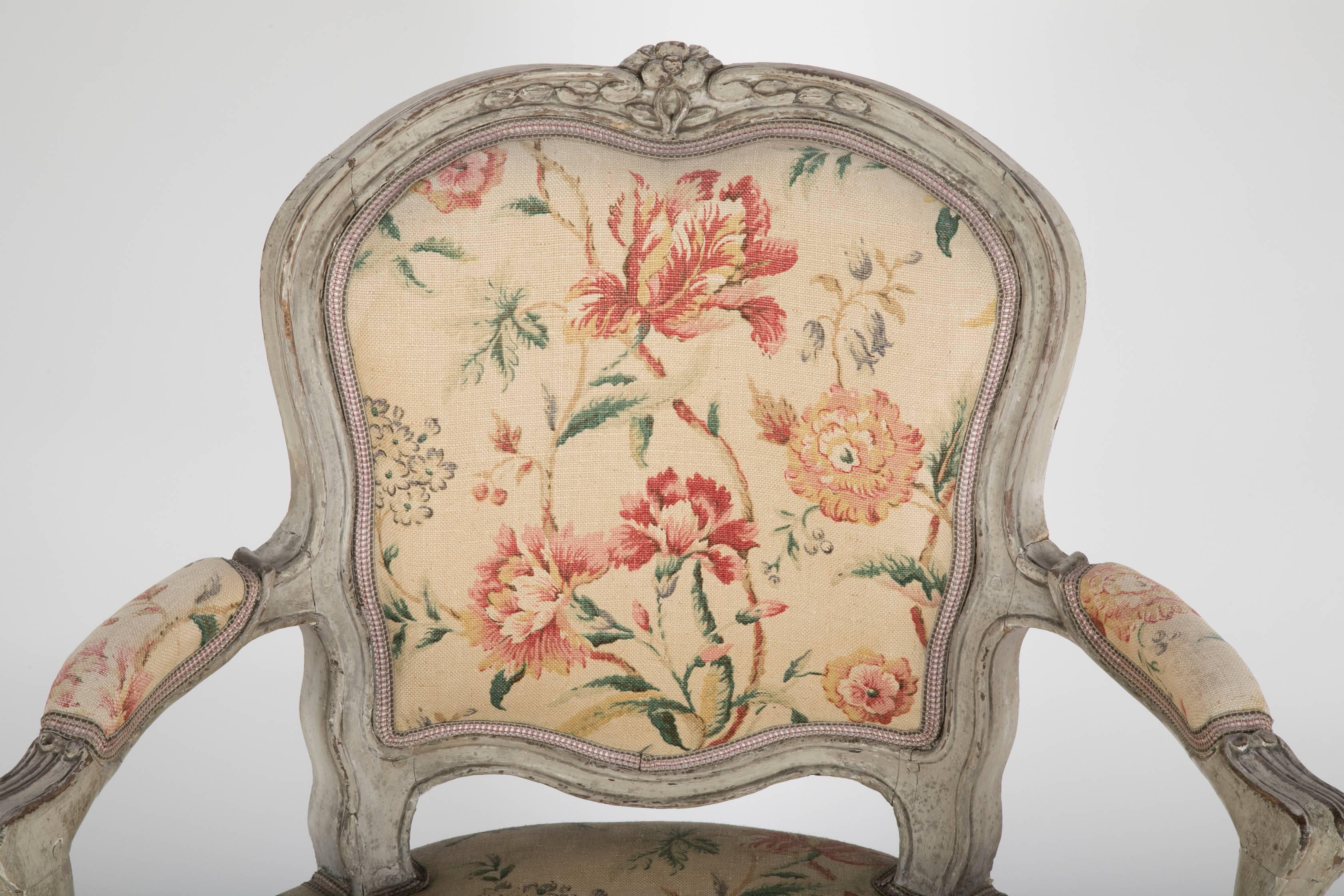 Beech Pair of Louis XV Painted Armchairs