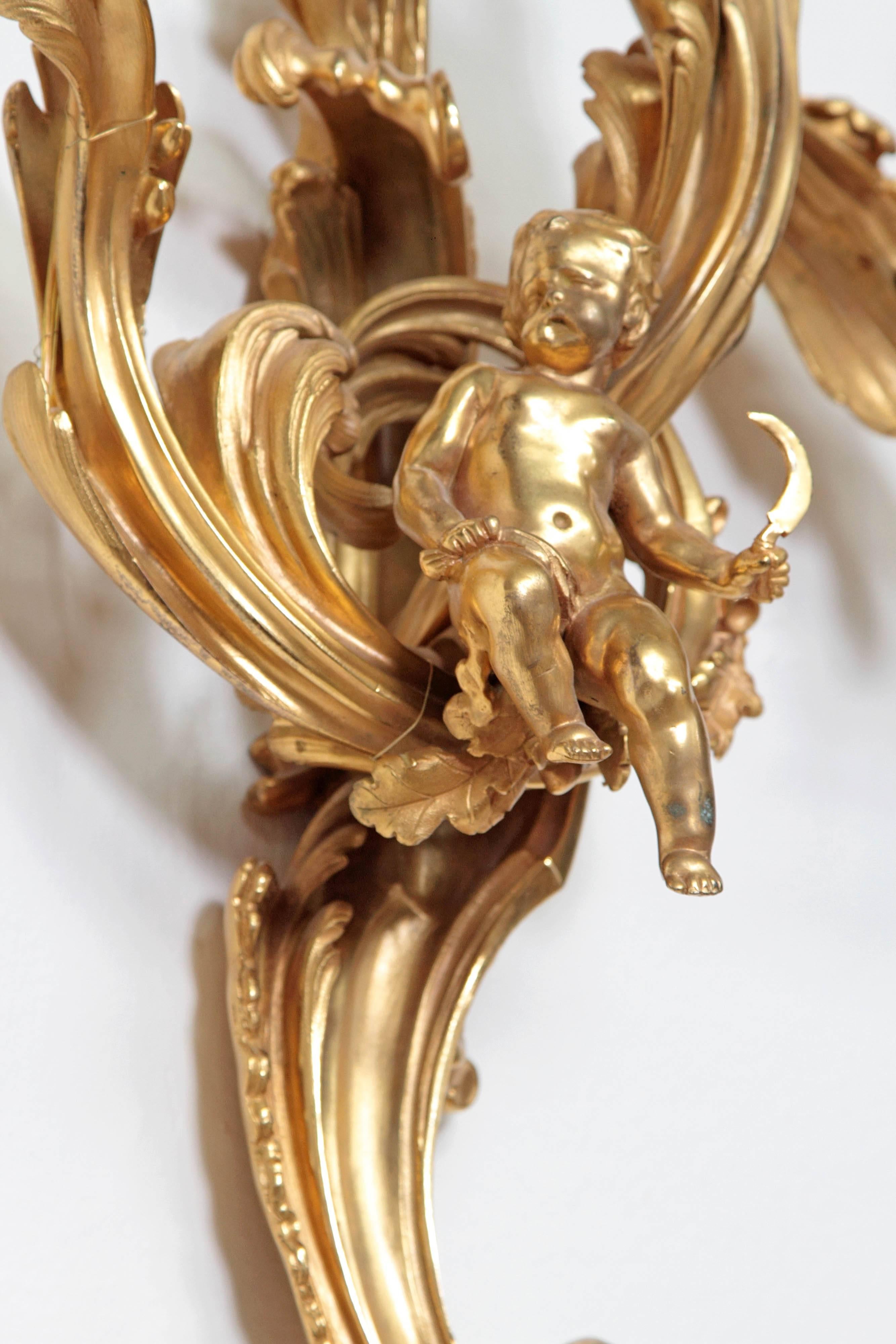 Burnished Pair of Louis XV-Style Doré Bronze Wall Sconces For Sale