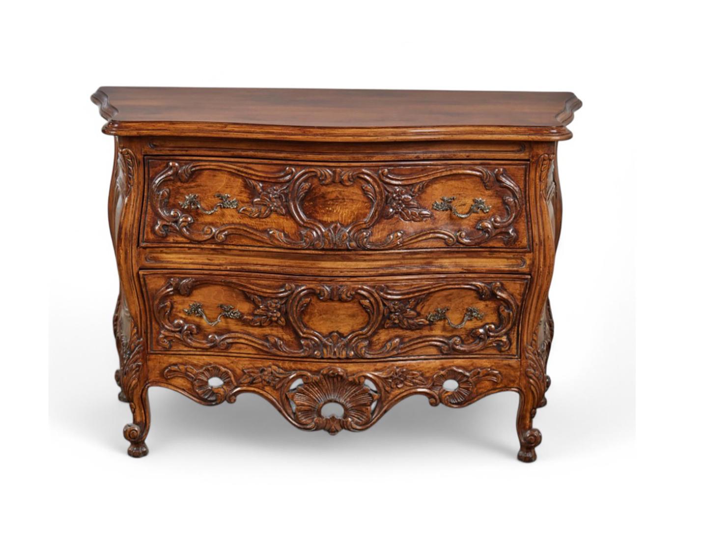 Hand-Carved Pair of Louis XV Provincial Style Hand-carved Two-drawer Commodes/Chests For Sale