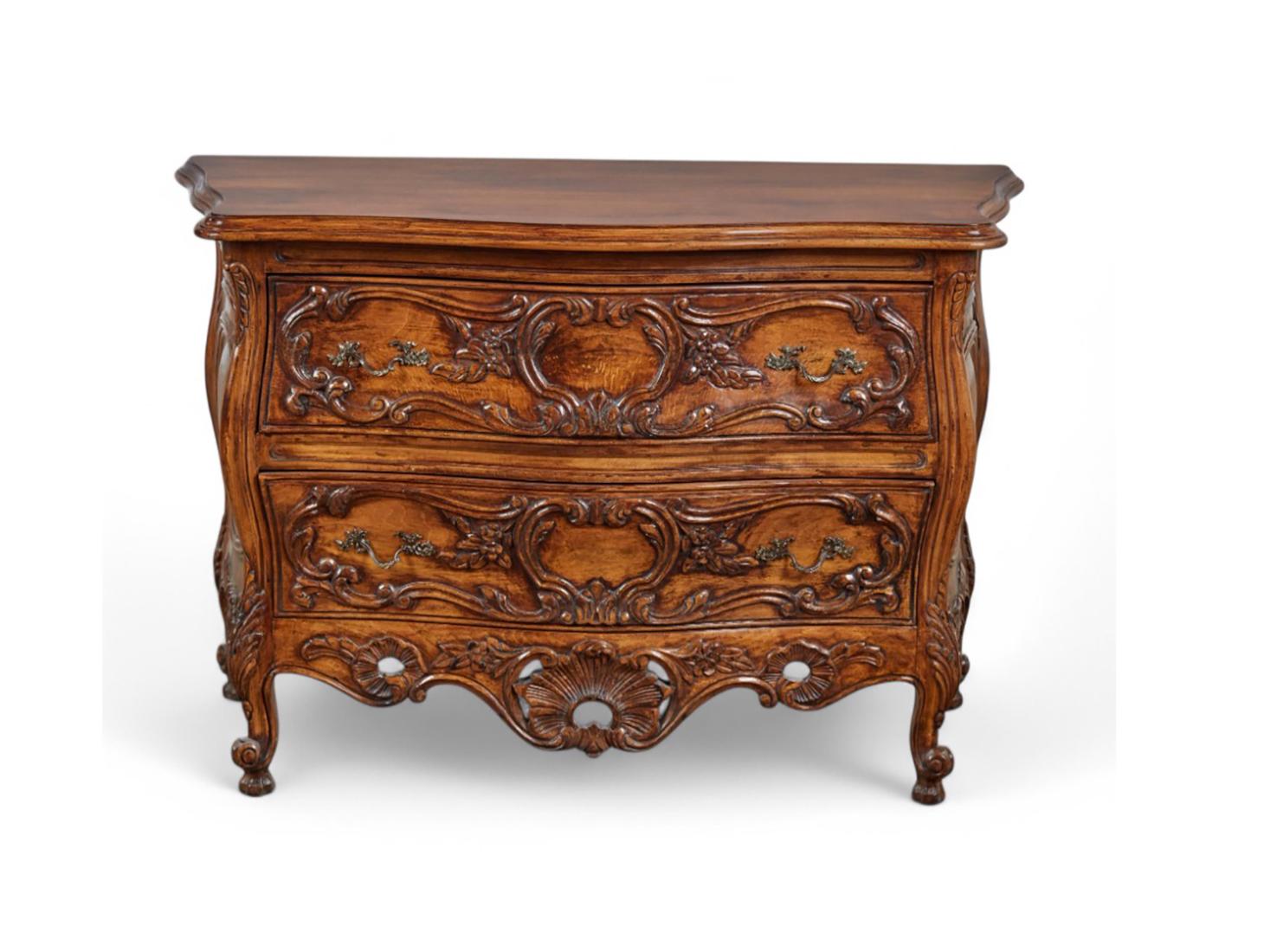 Late 20th Century Pair of Louis XV Provincial Style Hand-carved Two-drawer Commodes/Chests For Sale