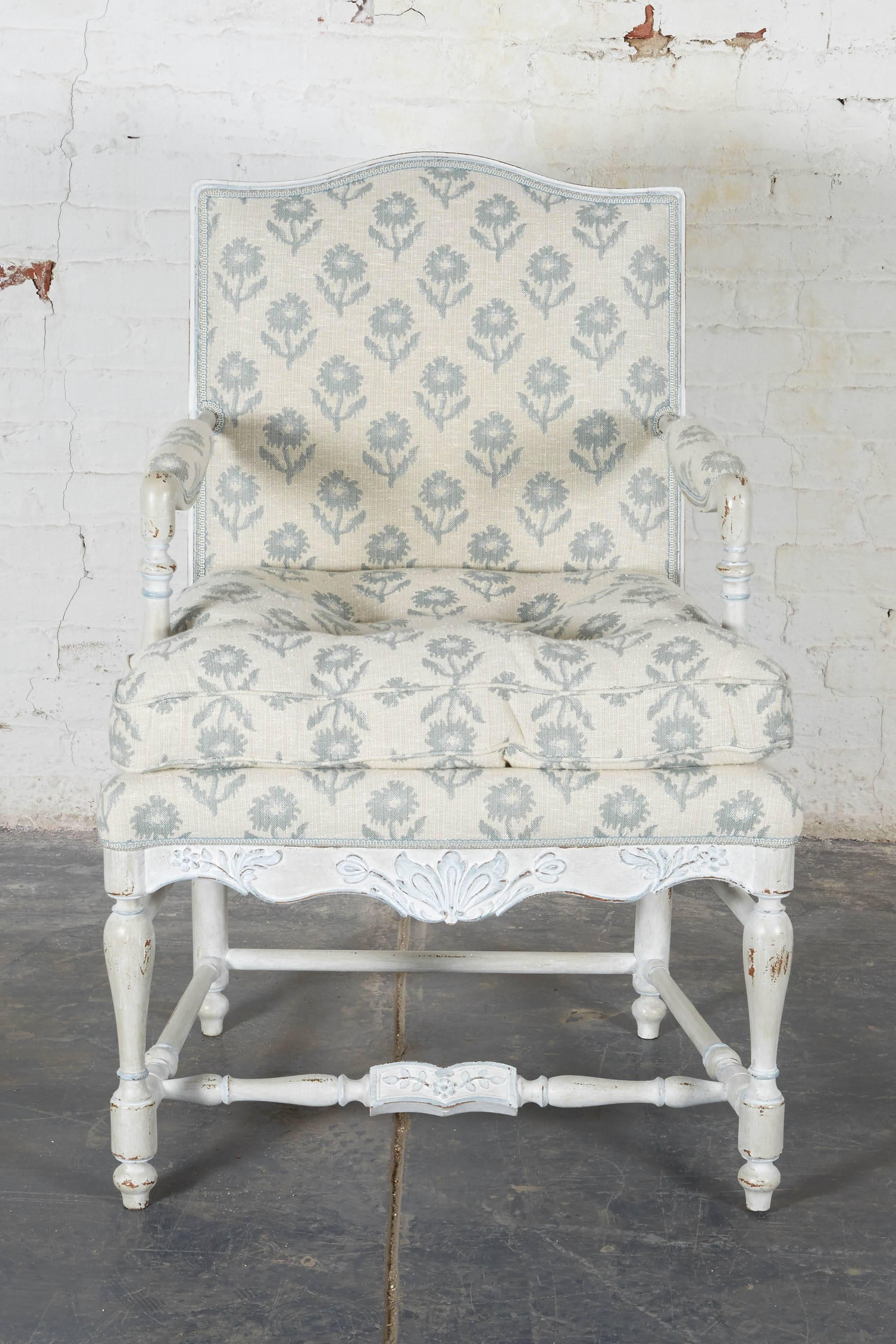 American Pair of Louis XV Provincial White and Blue-Painted Armchairs