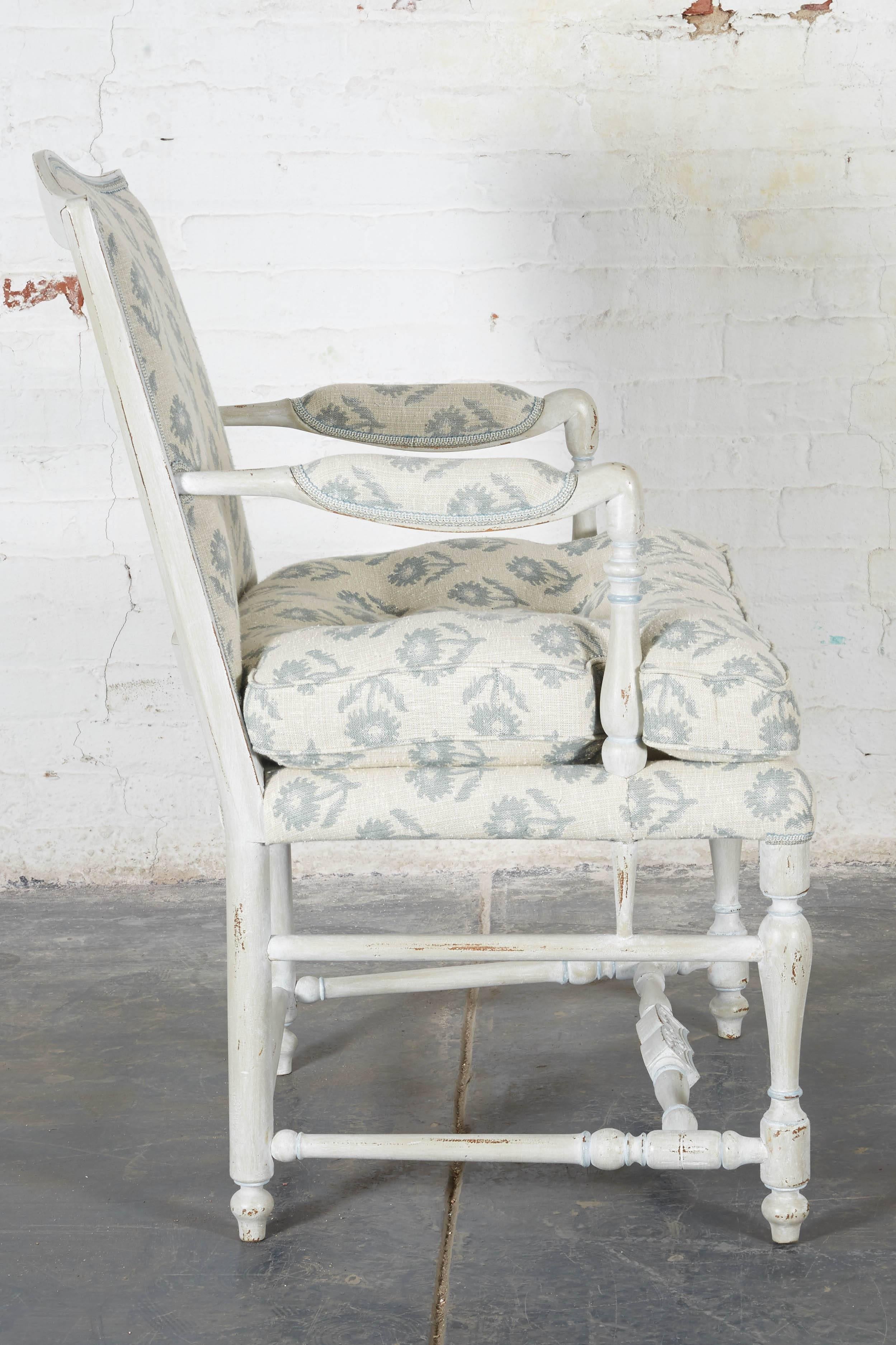 Pair of Louis XV Provincial White and Blue-Painted Armchairs 2