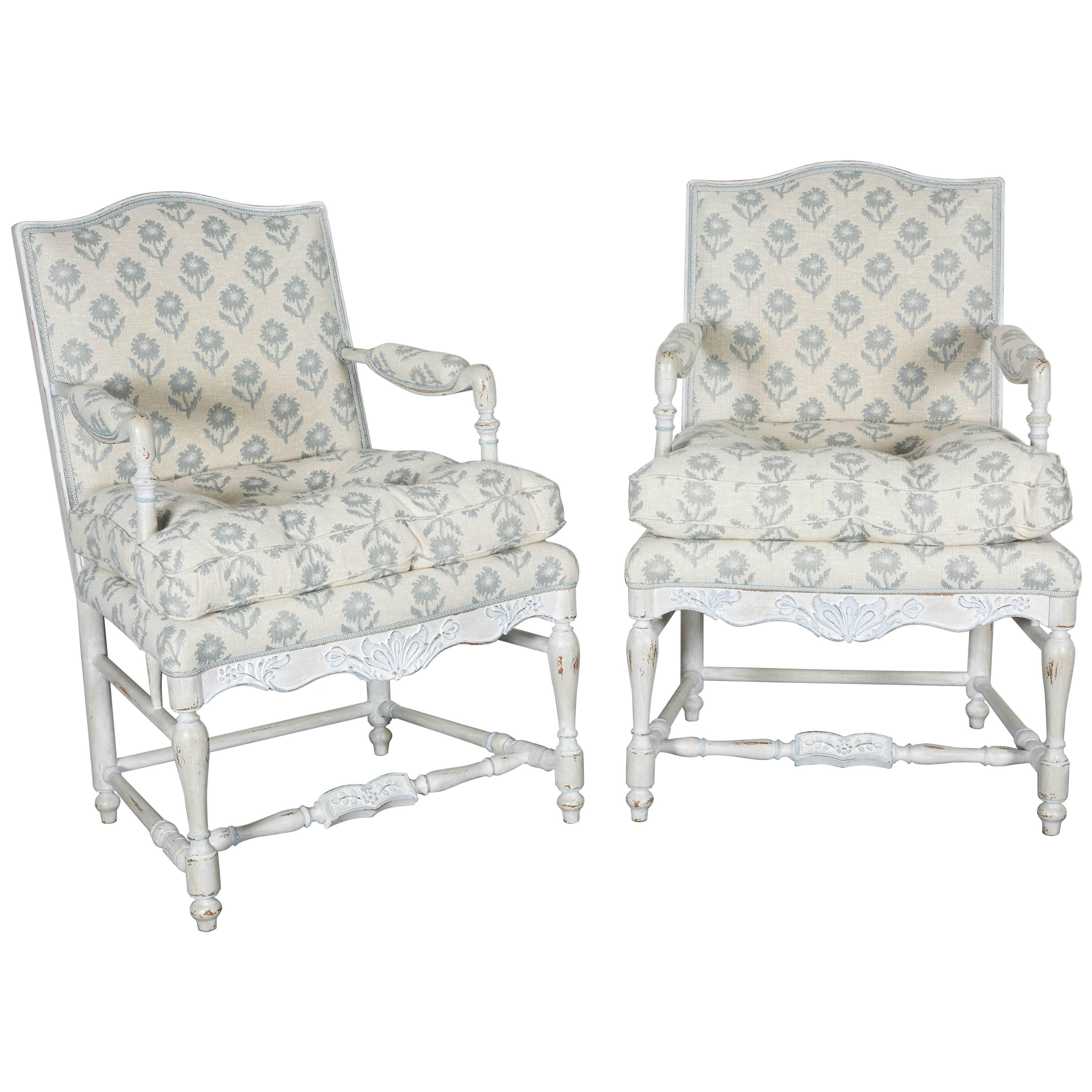 Pair of Louis XV Provincial White and Blue-Painted Armchairs