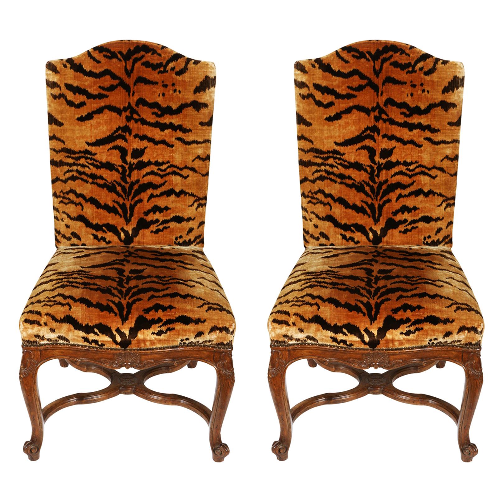 Pair of Louis XV Regence Silk Tiger Side Chairs