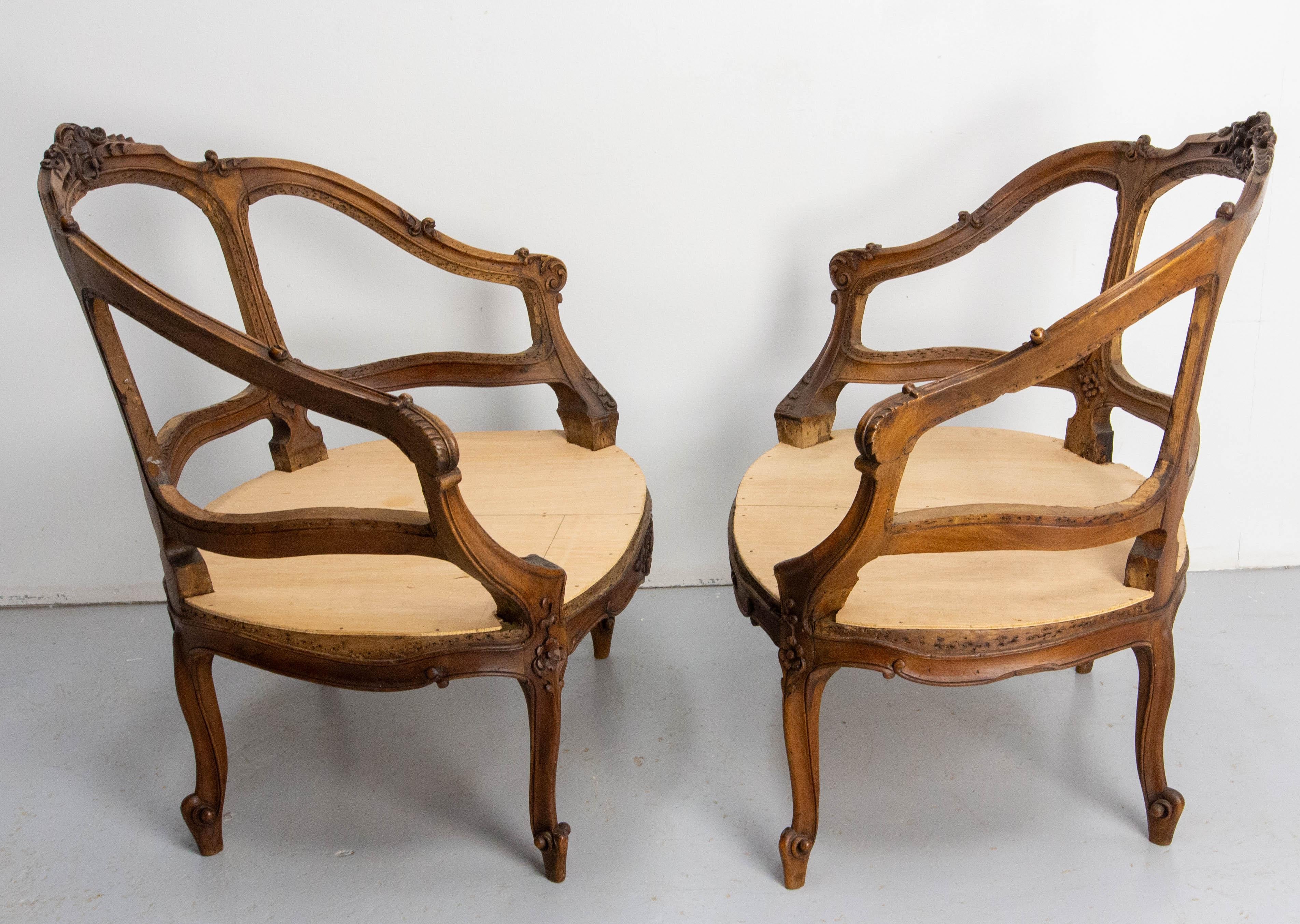 Francese Coppia di poltrone aperte in stile Louis XV Revival con imbottitura a canne o a cuscini, Francia, XIX sec. in vendita