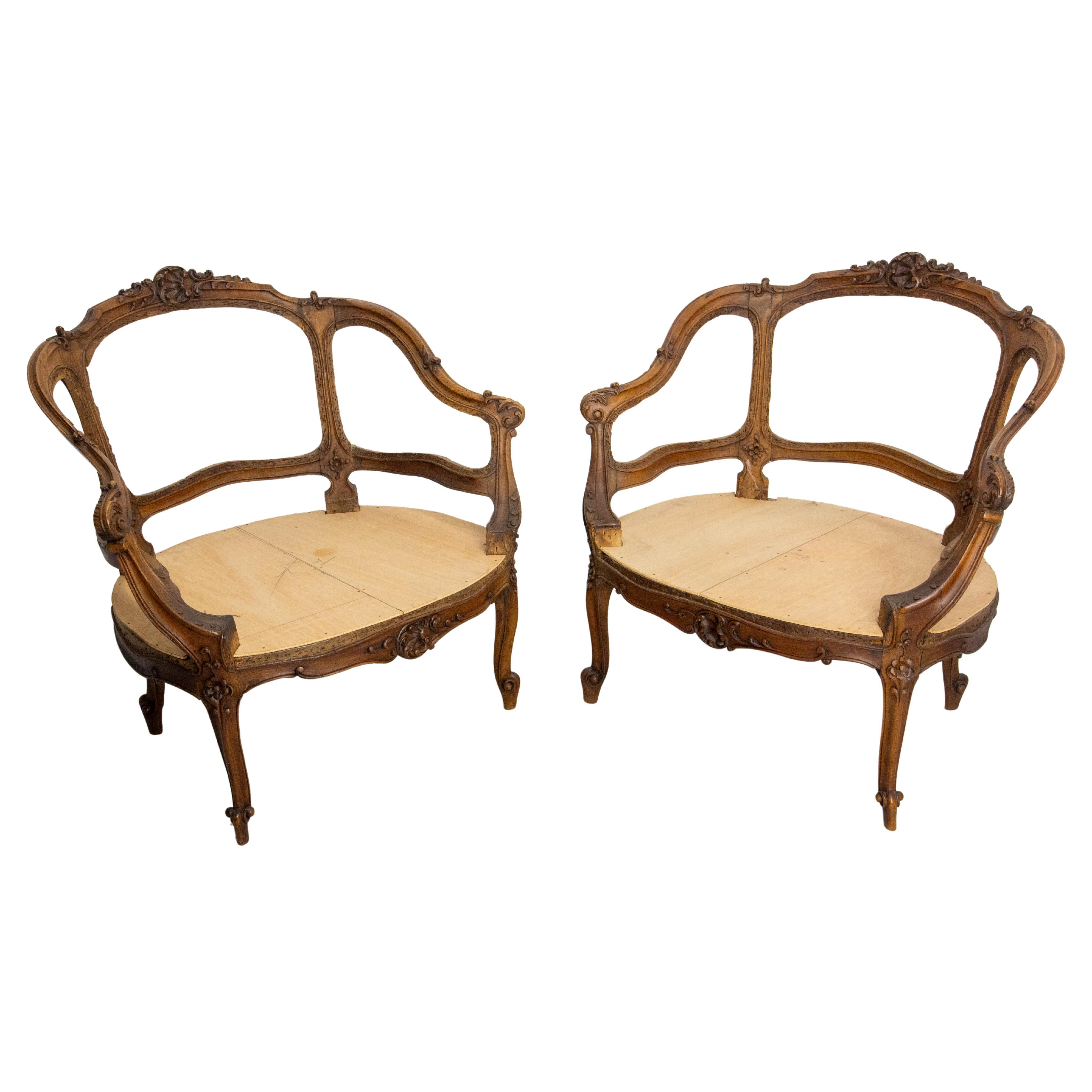 Pair of Louis XV Revival Open Armchairs to Cane or Upholster French, 19th C