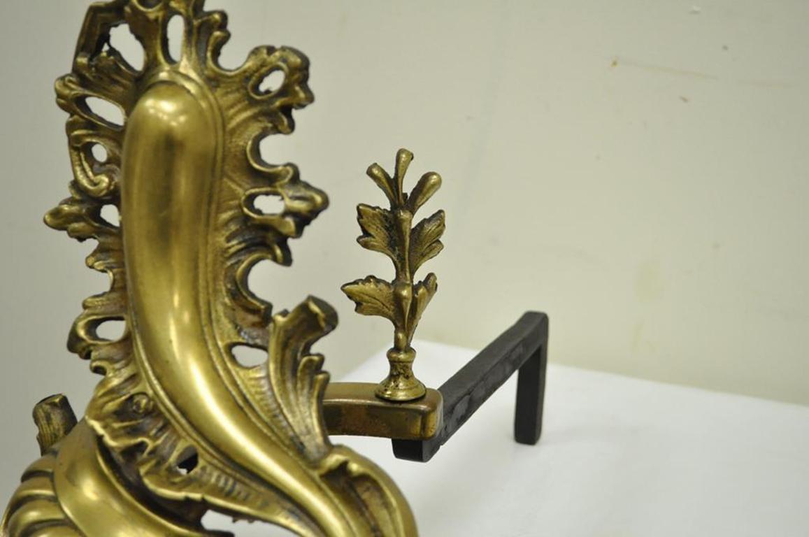 Pair of Louis XV Rococo Style Bronze Brass Andirons Acanthus Fireplace Fender In Good Condition In Philadelphia, PA
