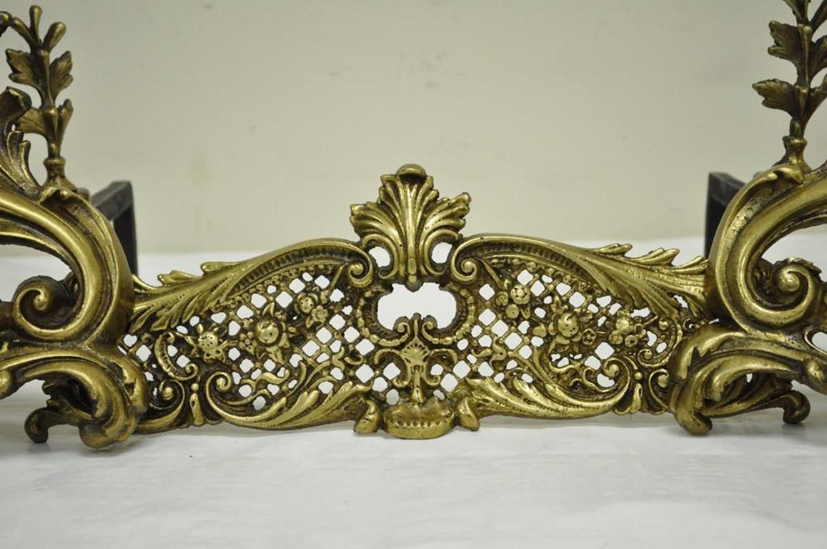 19th Century Pair of Louis XV Rococo Style Bronze Brass Andirons Acanthus Fireplace Fender