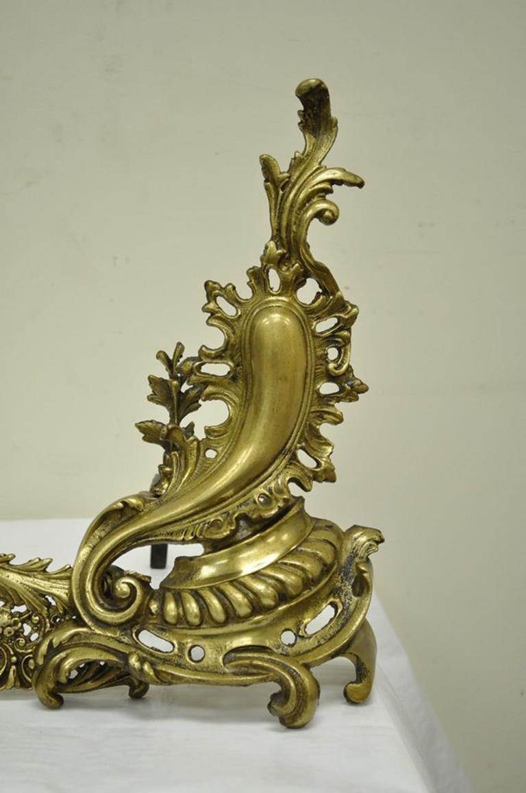 Pair of Louis XV Rococo Style Bronze Brass Andirons Acanthus Fireplace Fender 1