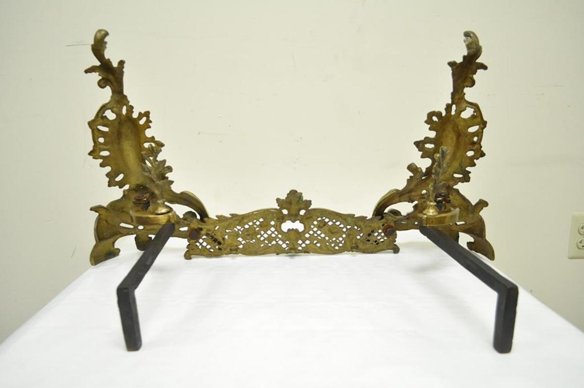 Pair of Louis XV Rococo Style Bronze Brass Andirons Acanthus Fireplace Fender 2