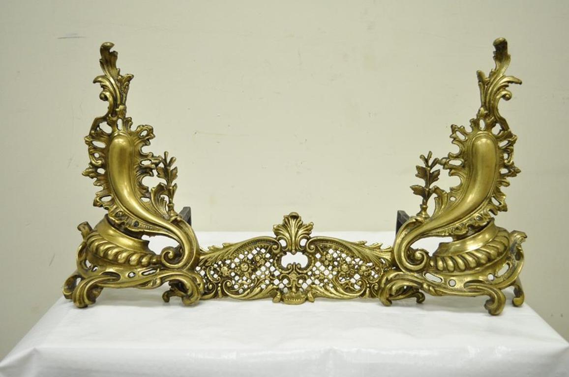 Pair of Louis XV Rococo Style Bronze Brass Andirons Acanthus Fireplace Fender 4