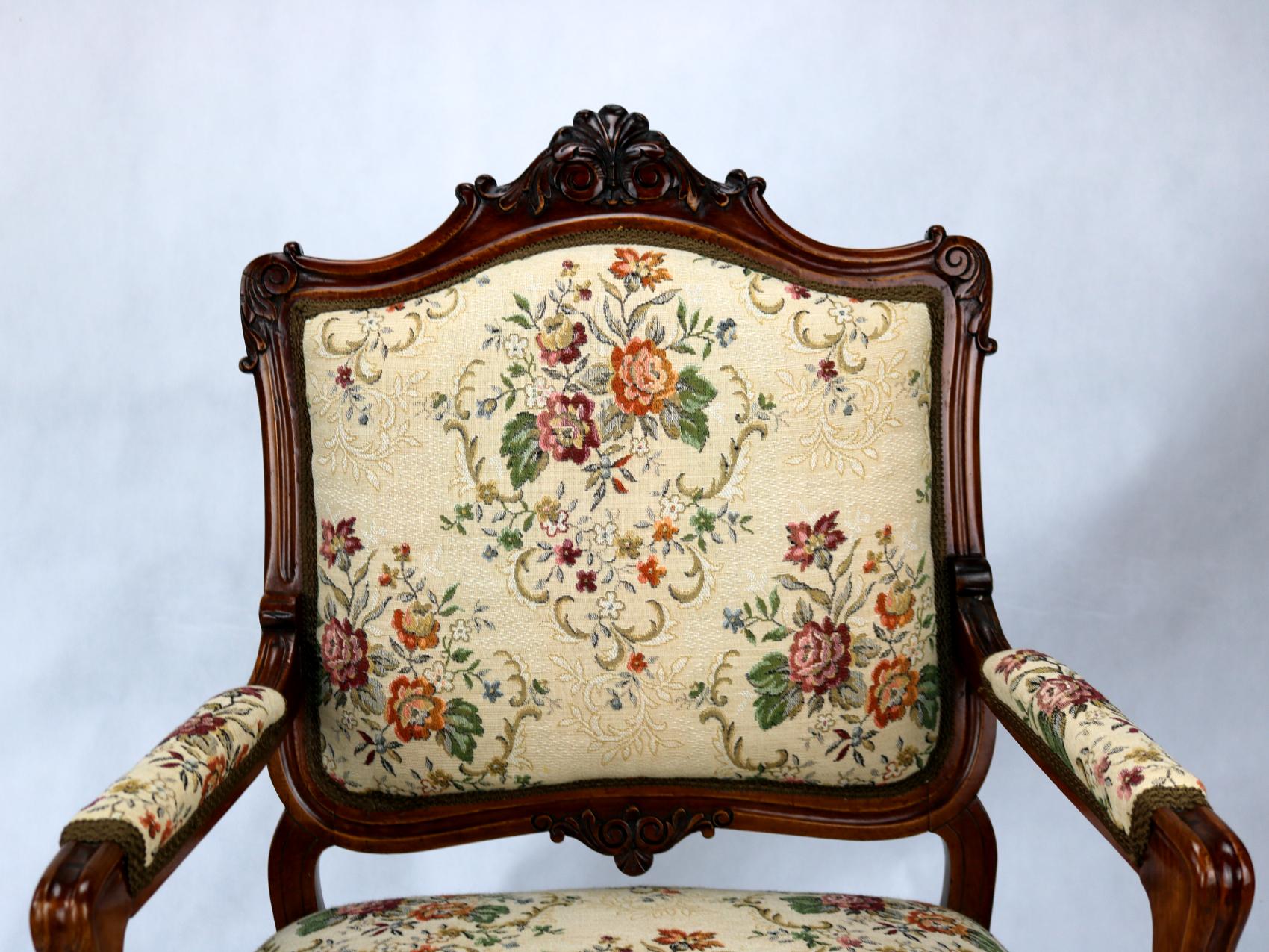 Pair of Louis XV Rococo Style Carved Walnut Armchairs, circa 1860 4