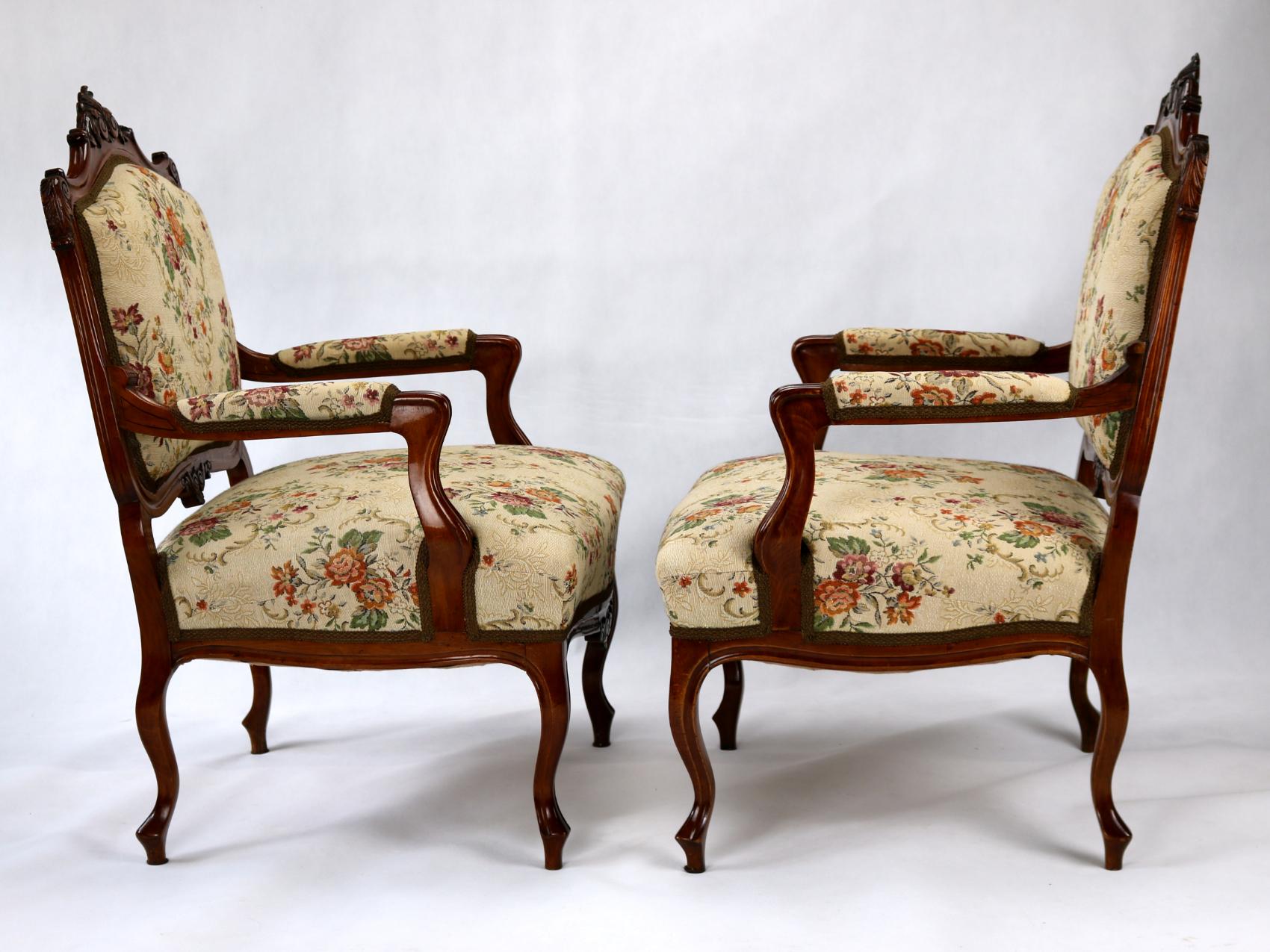Austrian Pair of Louis XV Rococo Style Carved Walnut Armchairs, circa 1860