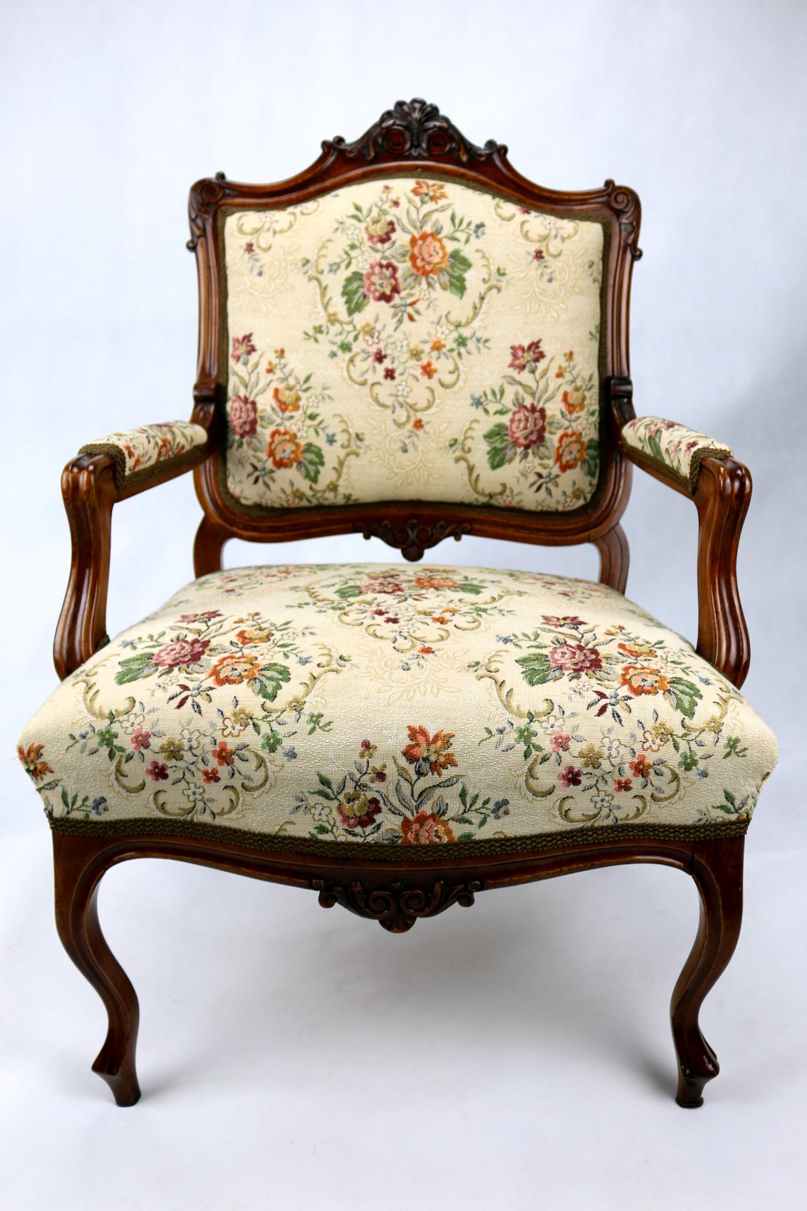 Pair of Louis XV Rococo Style Carved Walnut Armchairs, circa 1860 1
