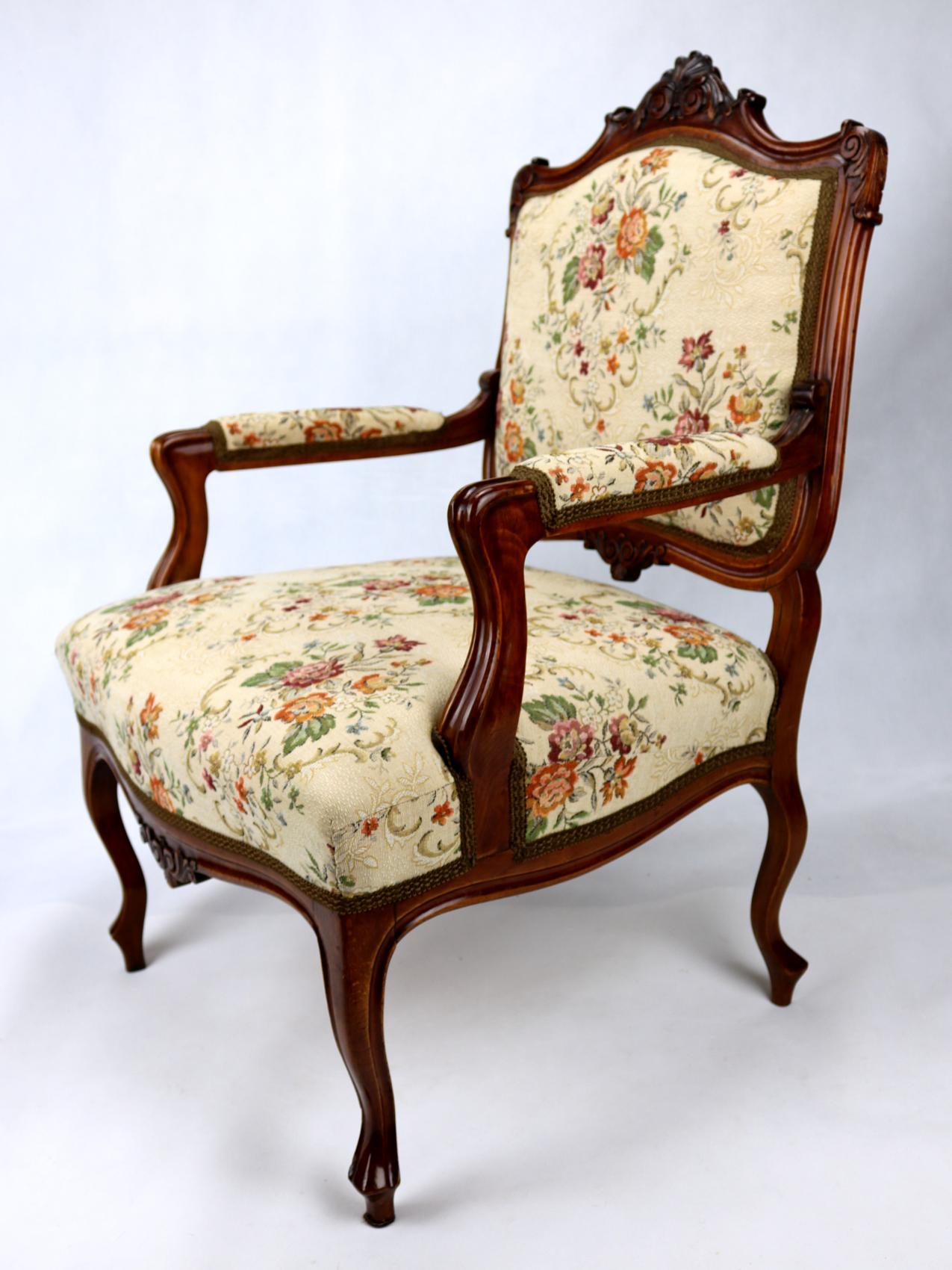 Pair of Louis XV Rococo Style Carved Walnut Armchairs, circa 1860 2