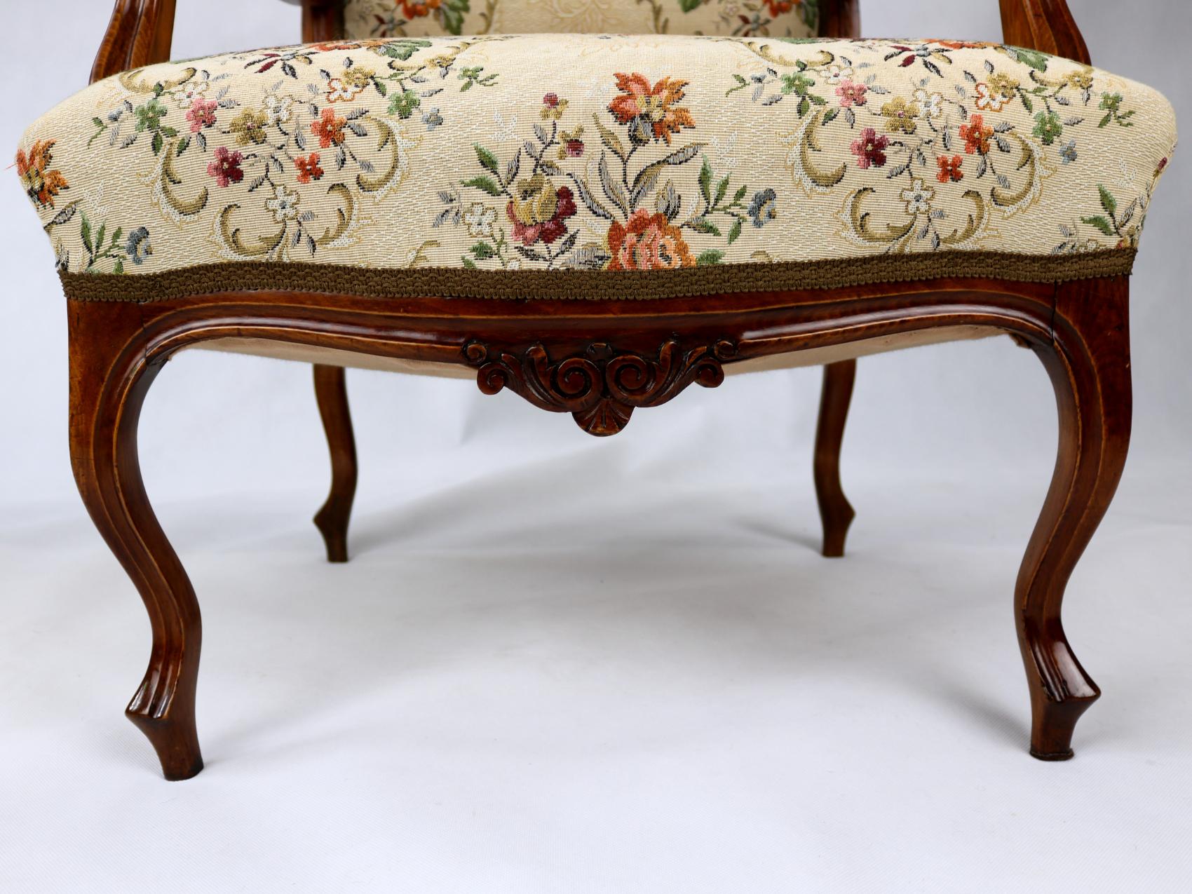 Pair of Louis XV Rococo Style Carved Walnut Armchairs, circa 1860 3