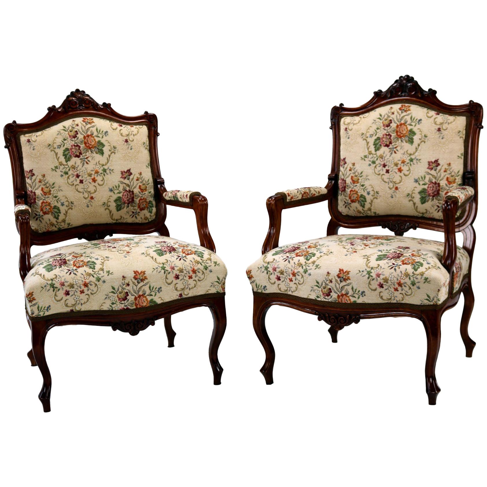 Pair of Louis XV Rococo Style Carved Walnut Armchairs, circa 1860