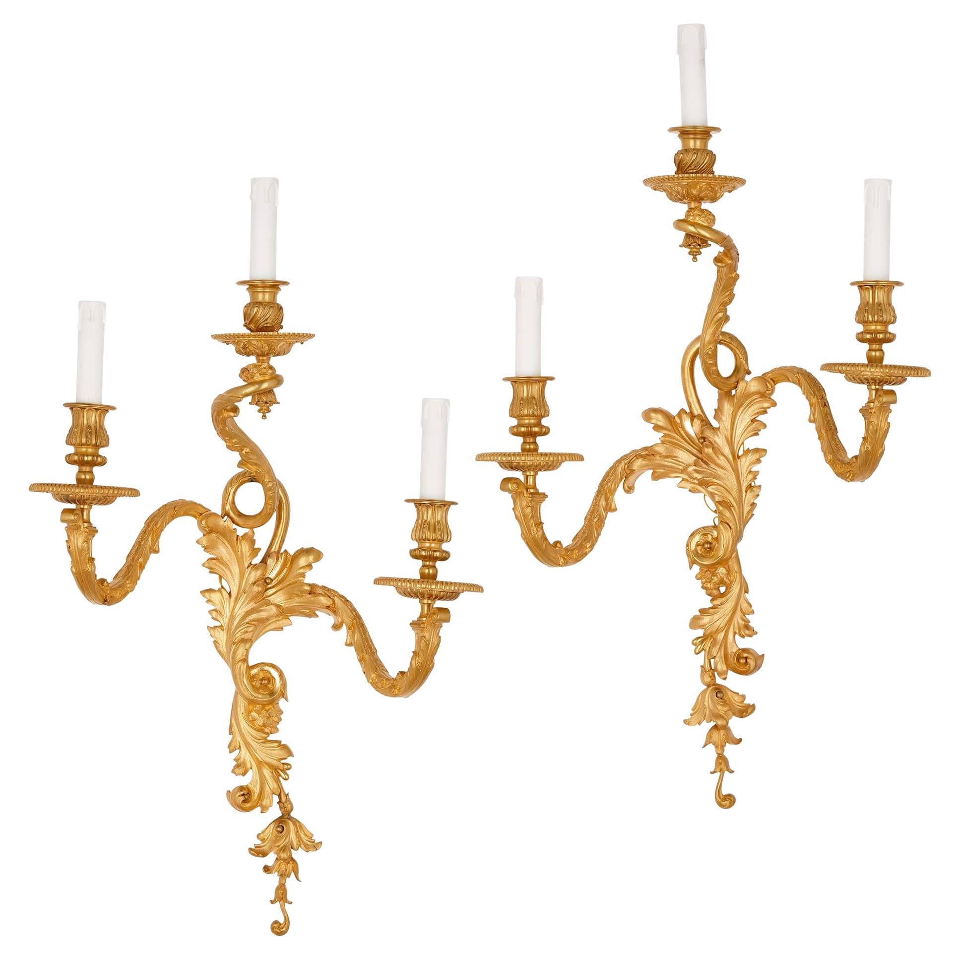 Pair of Louis XV Rococo Style Gilt Bronze Wall Sconces For Sale