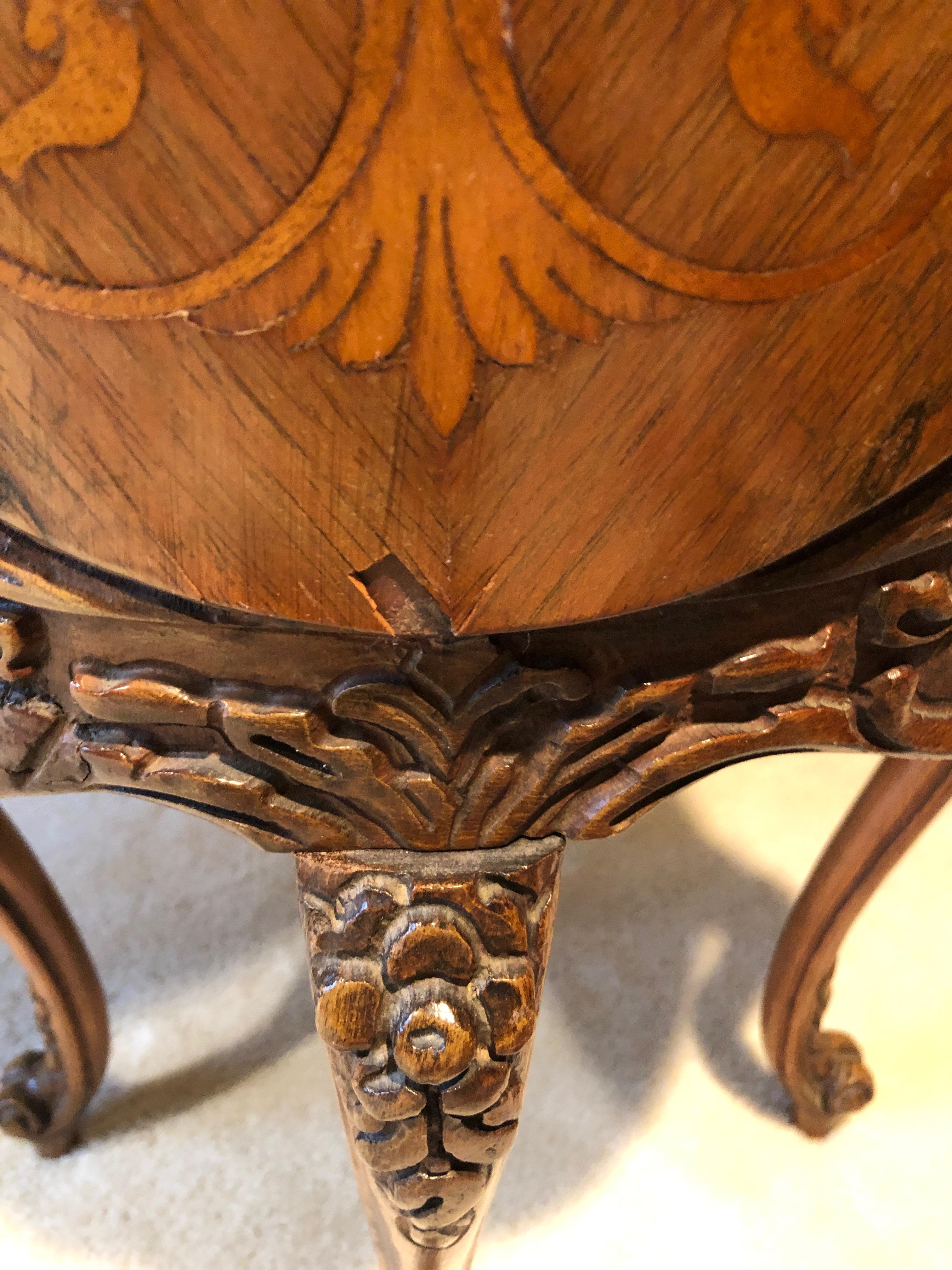 French Pair of Louis XV Round Marquetry Inlaid Carved Mahogany Side Tables Nightstands