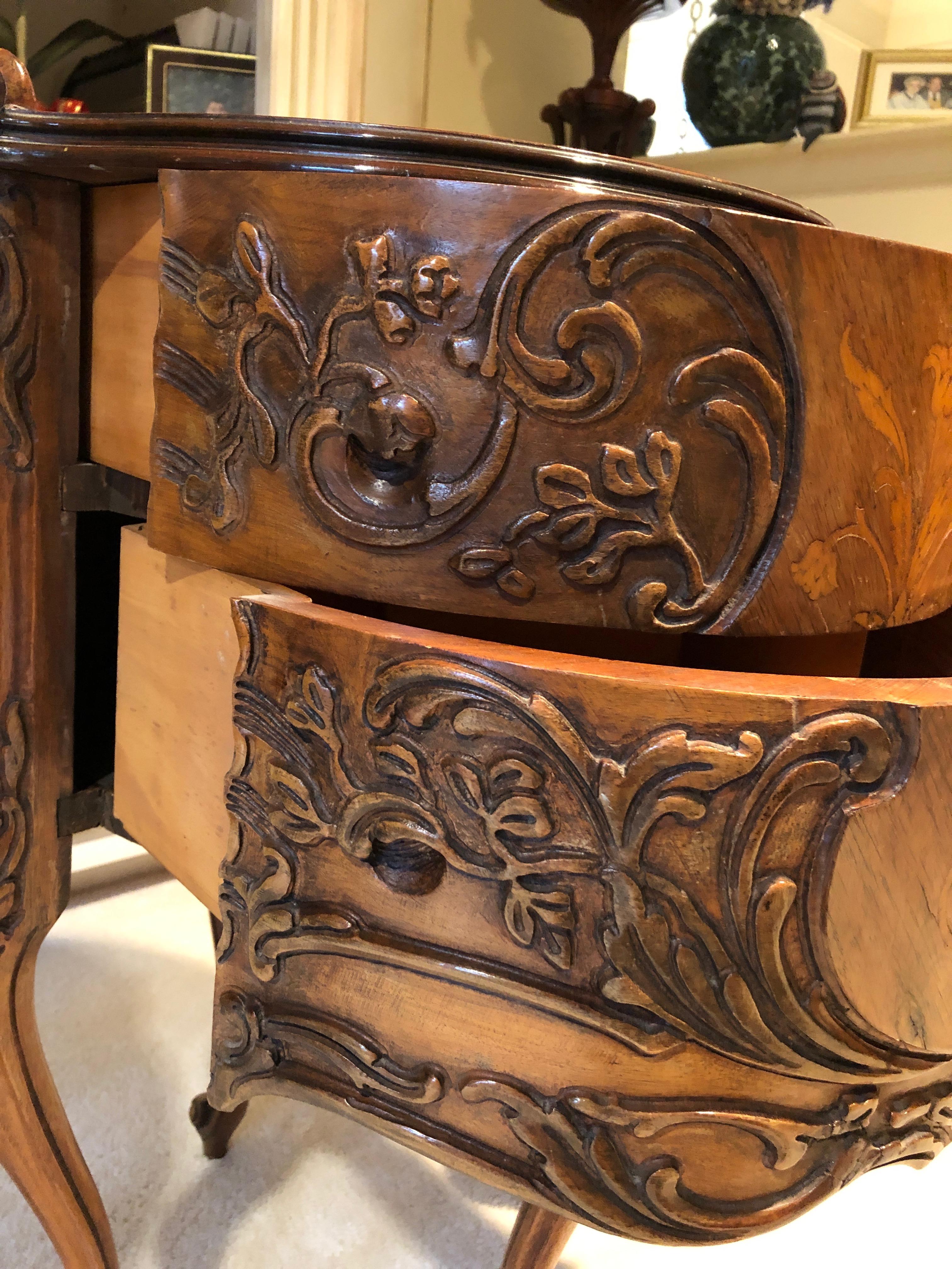 Pair of Louis XV Round Marquetry Inlaid Carved Mahogany Side Tables Nightstands 2