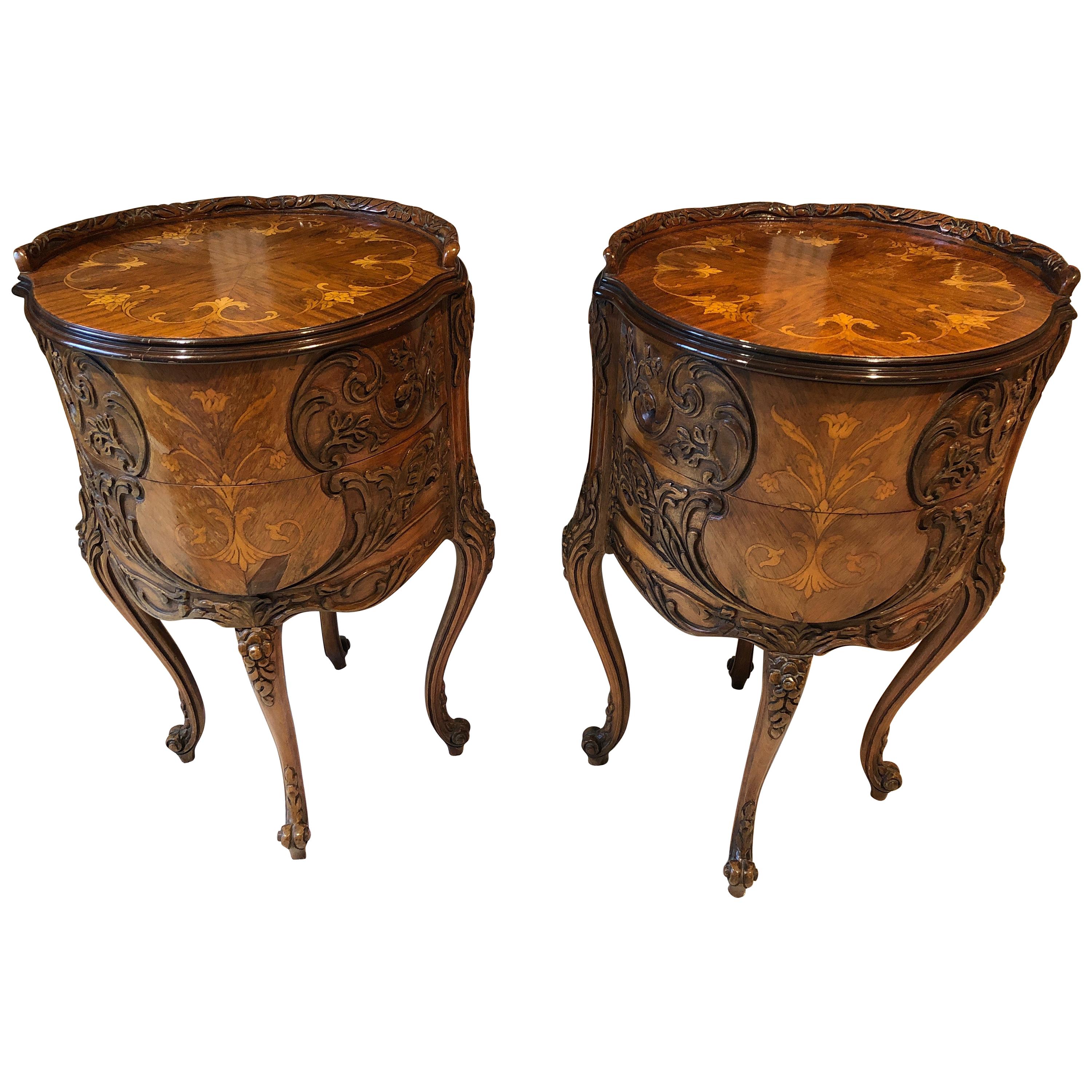 Pair of Louis XV Round Marquetry Inlaid Carved Mahogany Side Tables Nightstands