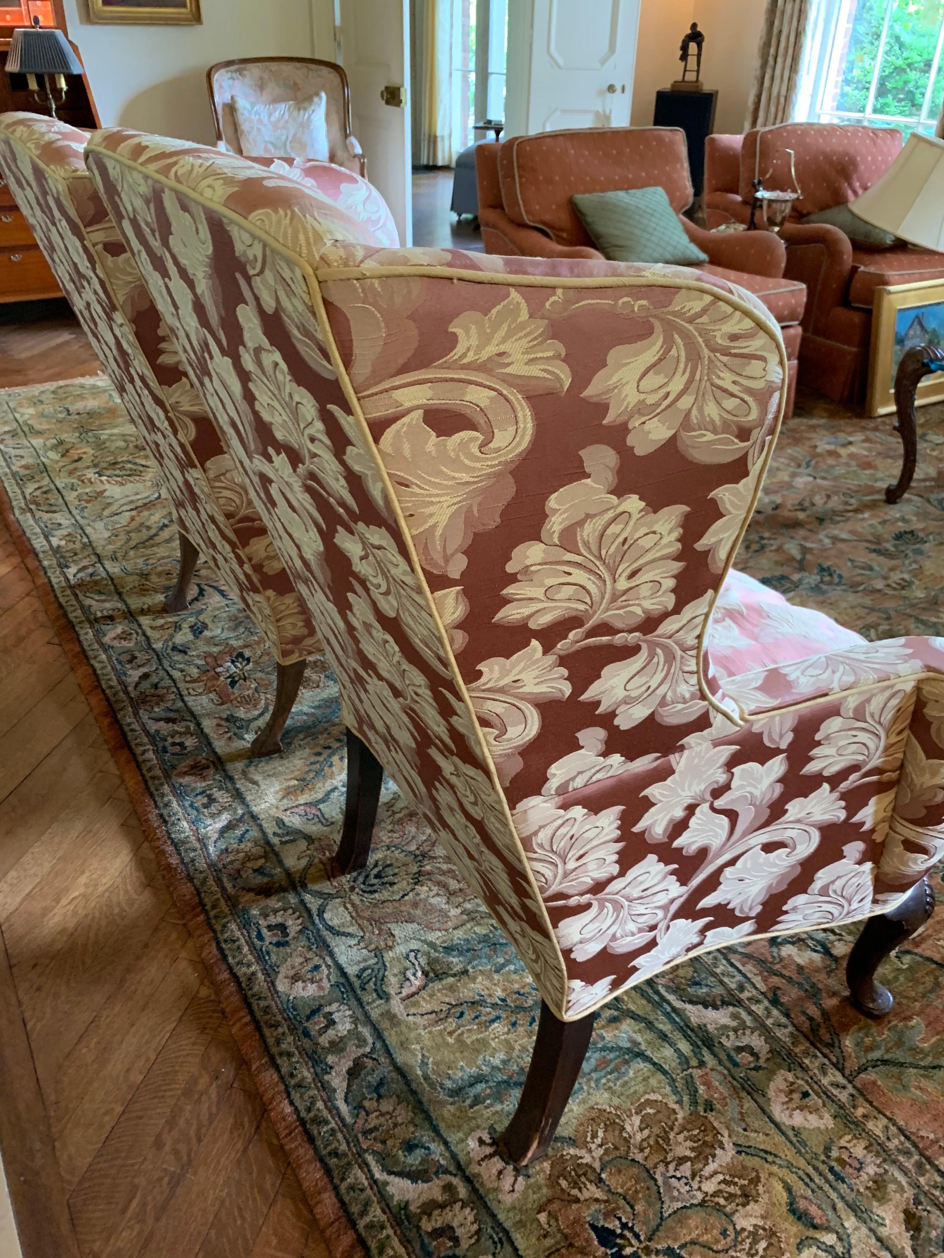 Pair of Louis XV Scalamandre Wingback Reading Chairs with Ball and Claw Feet 6