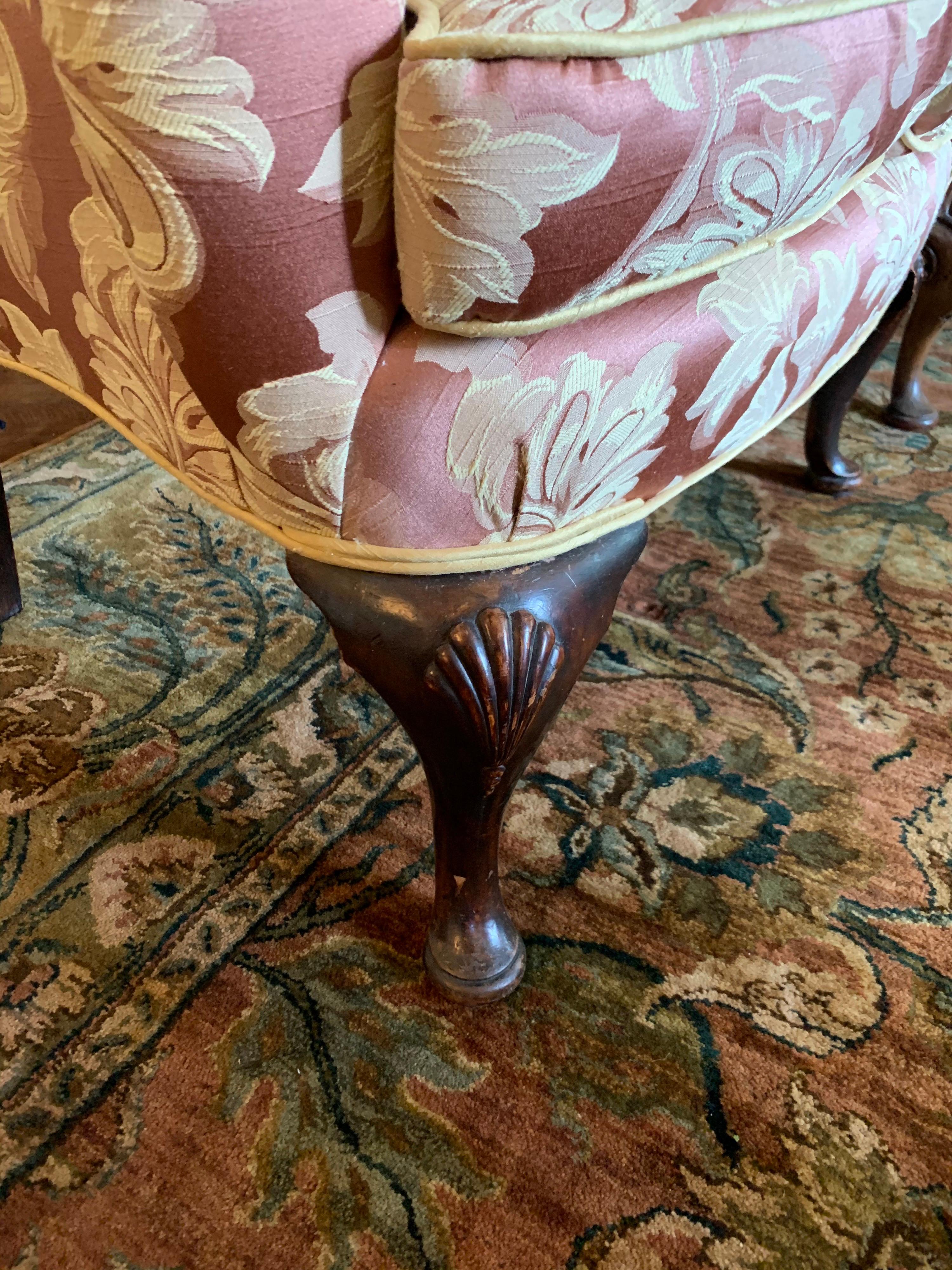 Pair of Louis XV Scalamandre Wingback Reading Chairs with Ball and Claw Feet 7