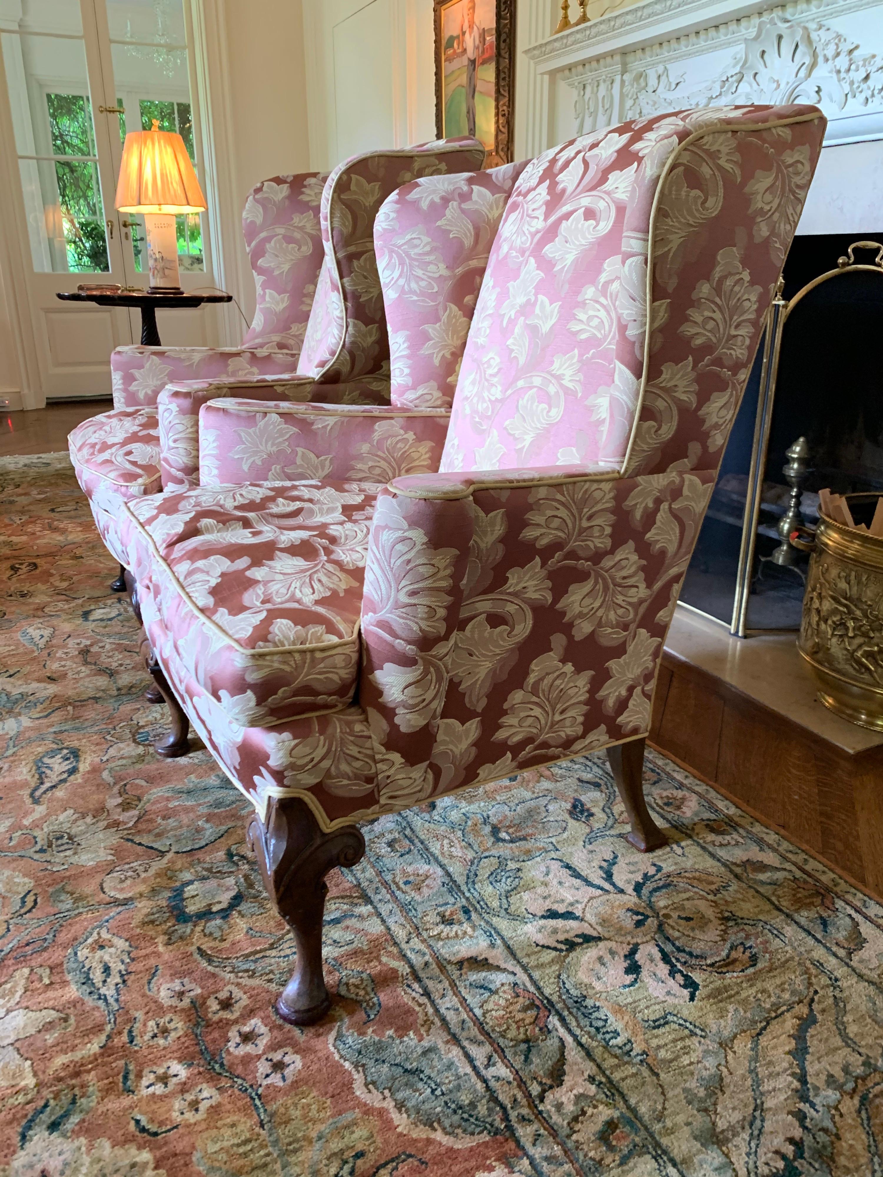 Pair of Louis XV Scalamandre Wingback Reading Chairs with Ball and Claw Feet In Good Condition In West Hartford, CT