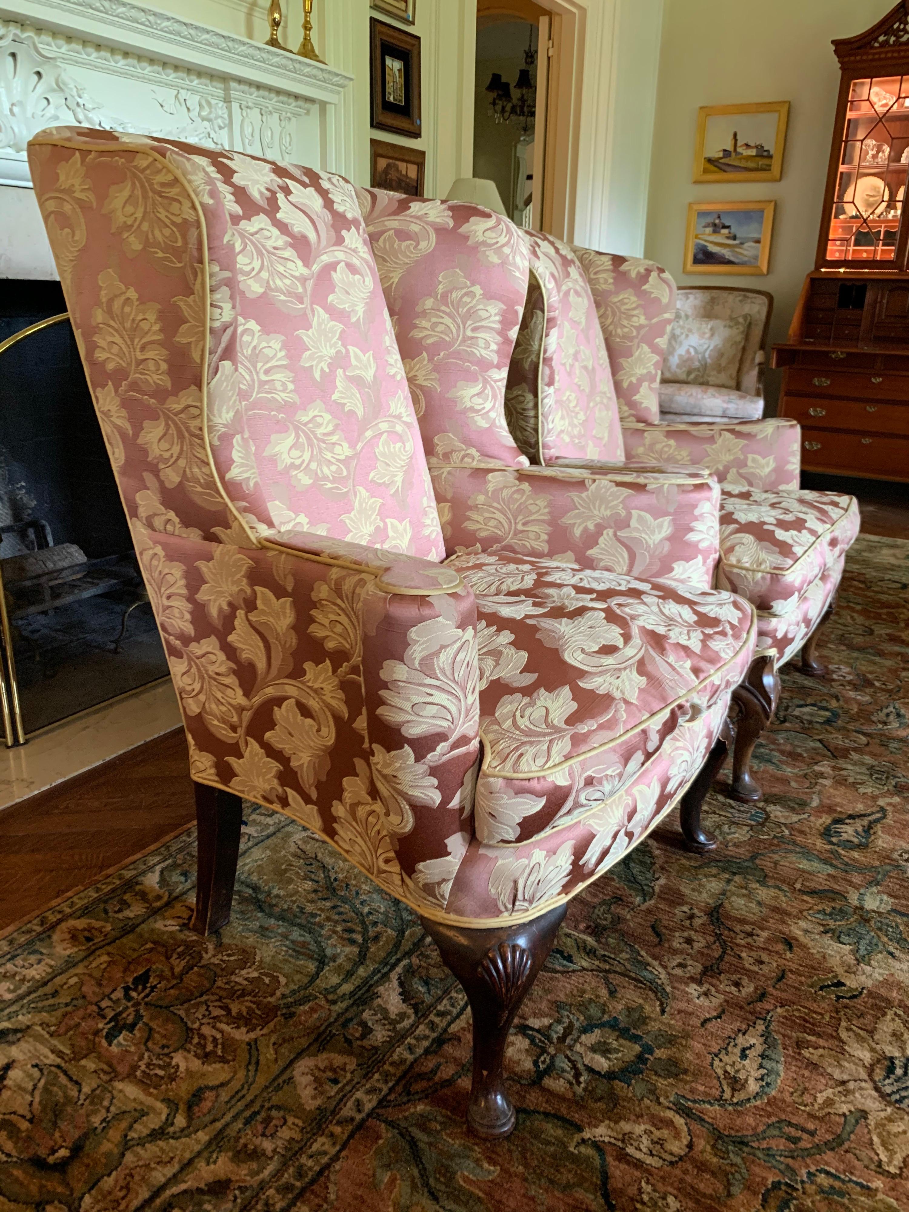 Early 20th Century Pair of Louis XV Scalamandre Wingback Reading Chairs with Ball and Claw Feet