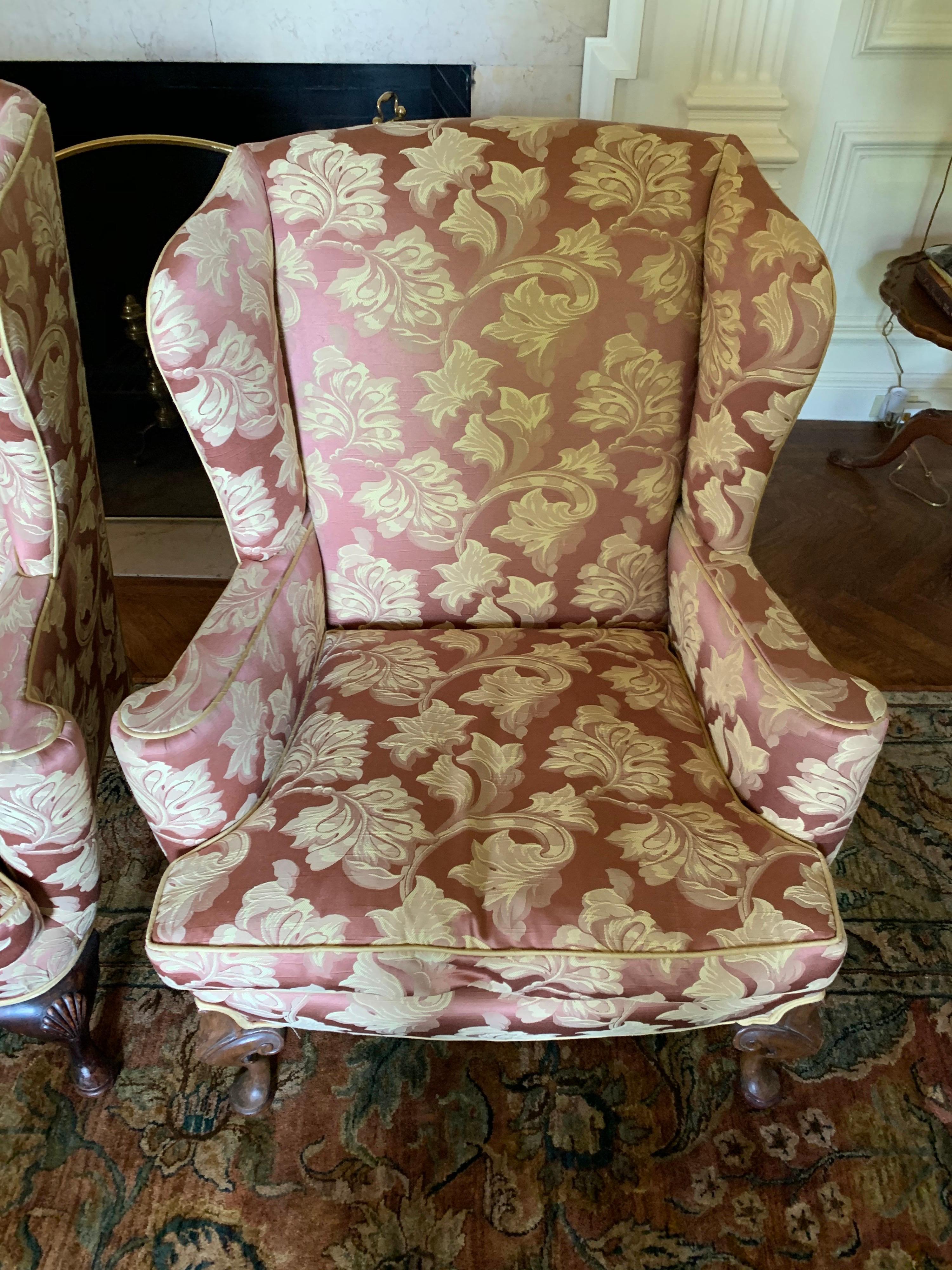 Pair of Louis XV Scalamandre Wingback Reading Chairs with Ball and Claw Feet 3