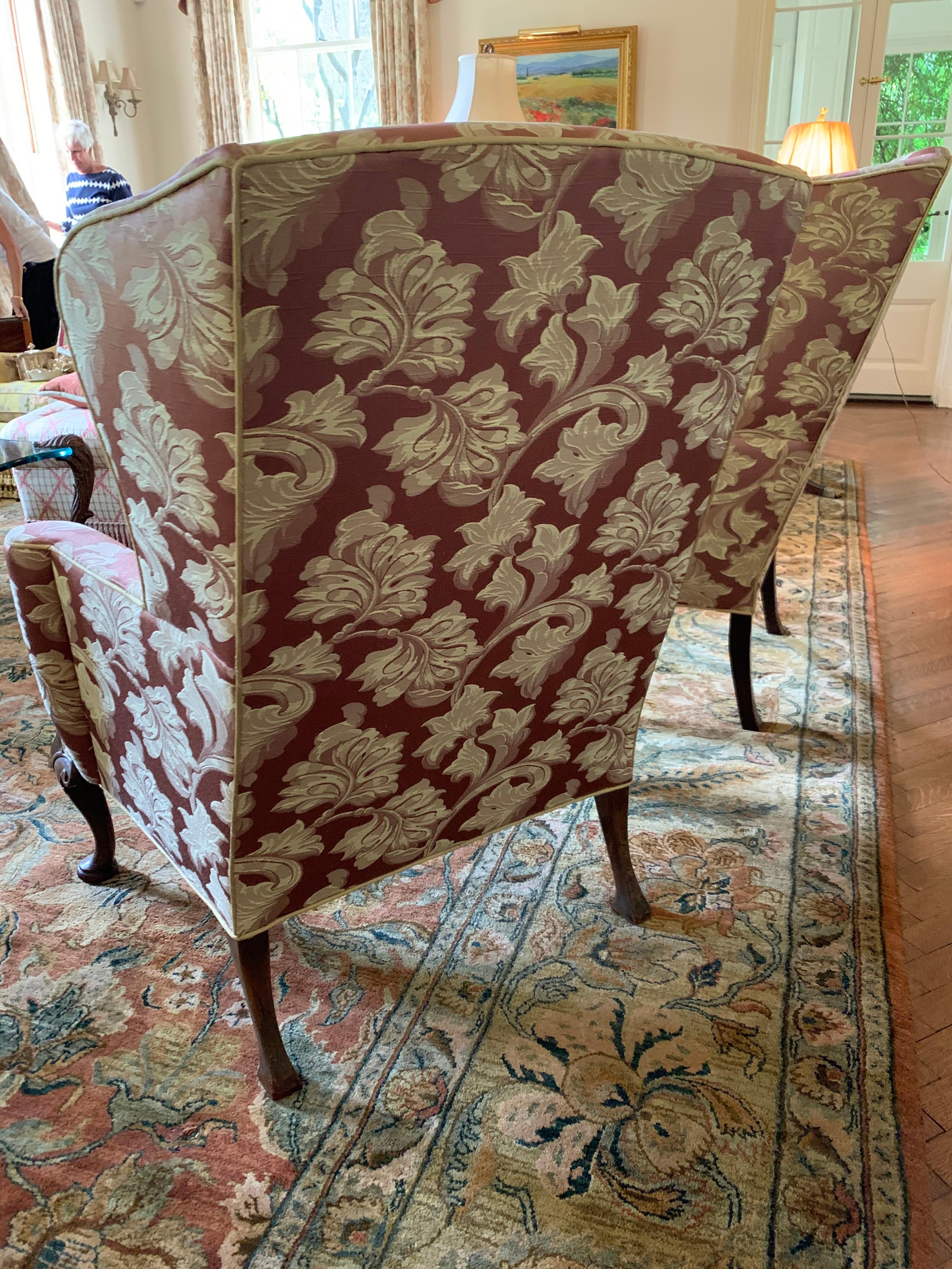 Pair of Louis XV Scalamandre Wingback Reading Chairs with Ball and Claw Feet 4