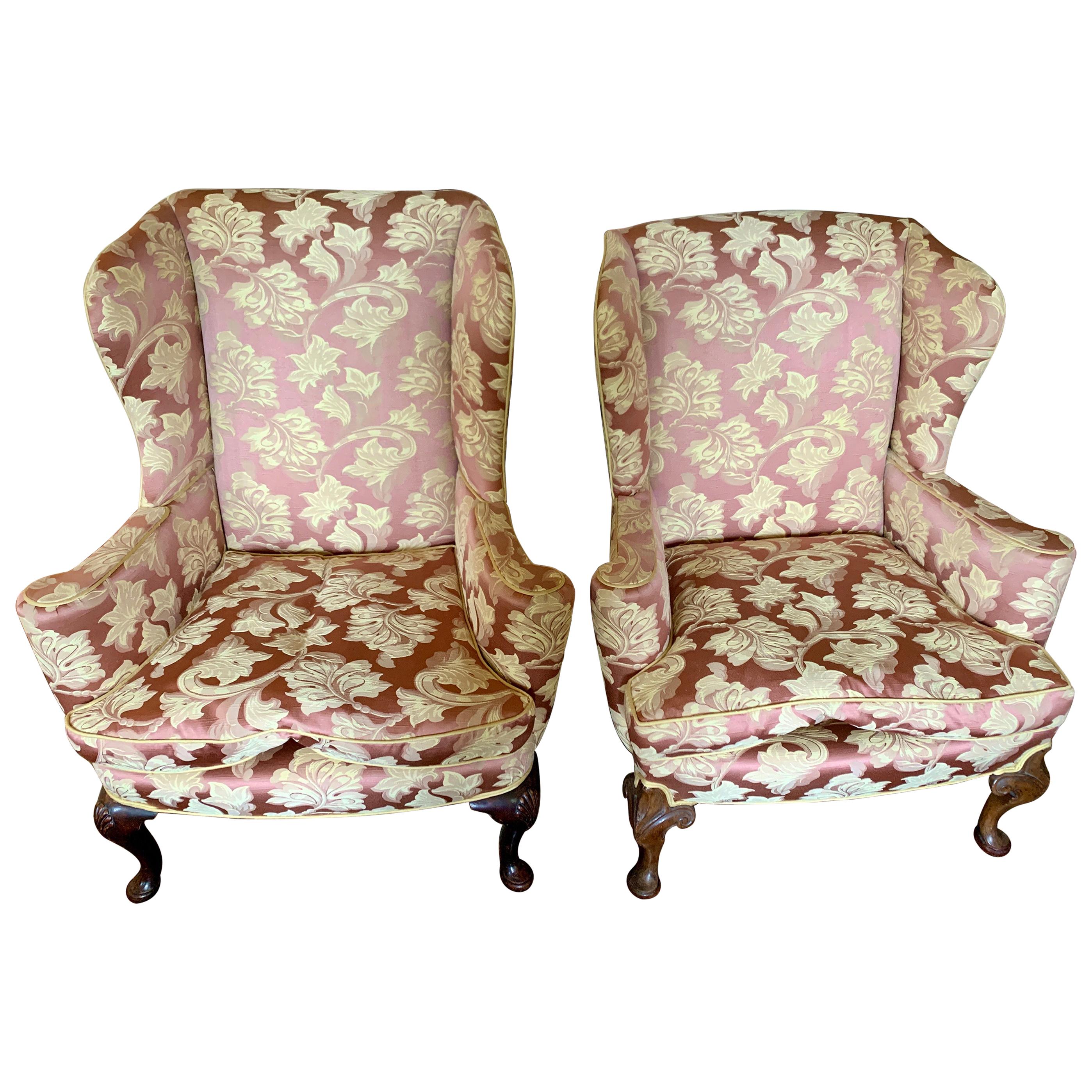 Pair of Louis XV Scalamandre Wingback Reading Chairs with Ball and Claw Feet